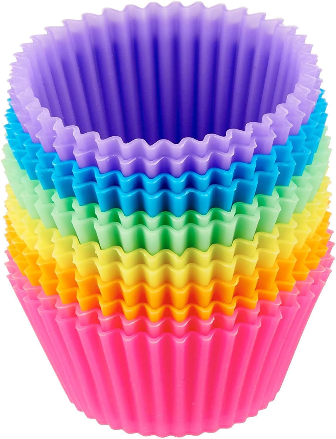 Amazon Basics Redonda Moldes Individuales de Silicona para Magdalenas, Reutilizables, Paquete de 24 (Aptos para Horno hasta 220 °C), Multicolor