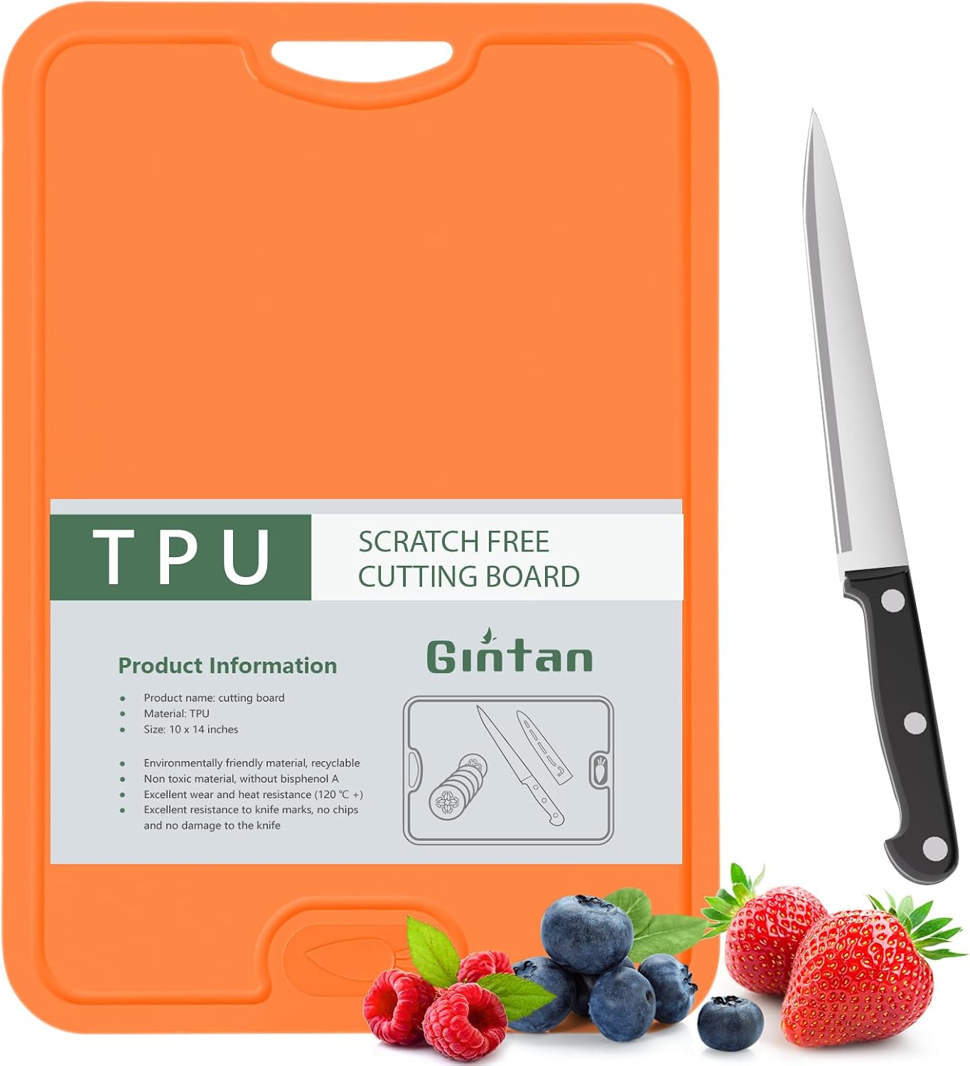 Gintan Juego de 2 tablas de cortar flexibles de TPU, sin BPA, con ranuras para cuchillos y zumo, tablas de cortar flexibles resistentes a los arañazos para la cocina, aptas para lavavajillas, mango