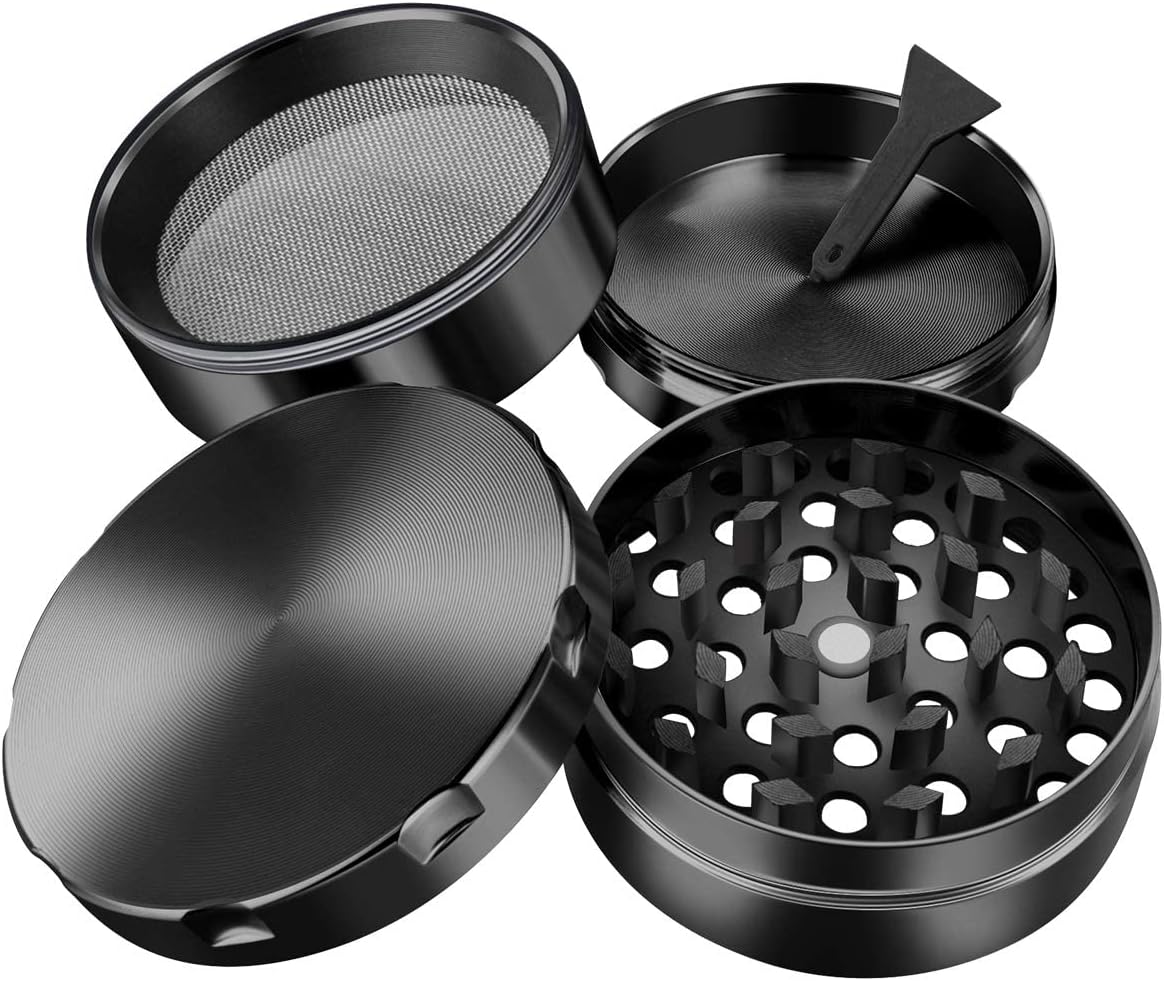 iLC Grinder Especias, Hierbas Grinder Metálico 2 Pulgadas - Hecho de duradero Aleación de zinc- 4 Piezas - Dientes en forma de diamante (Negro)