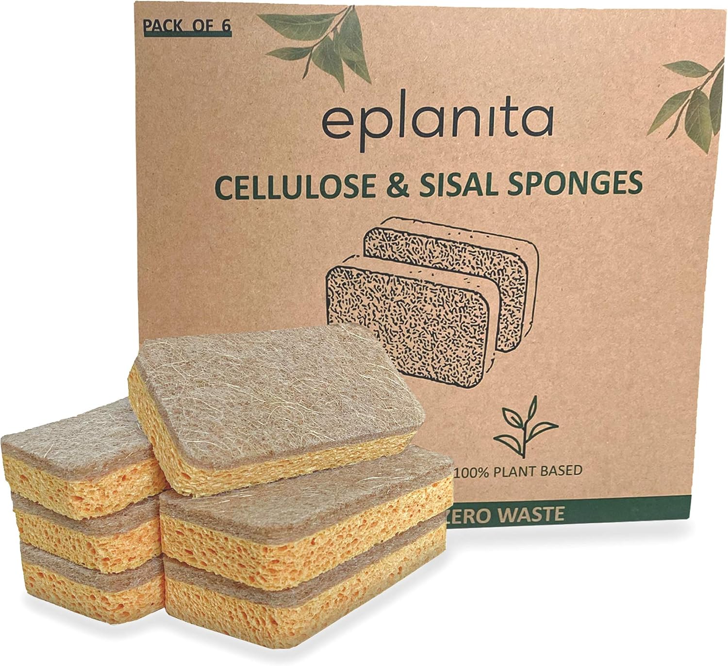 eplanita Esponja de celulosa natural y esponja de sisal (paquete de 6) Esponja de limpieza orgánica, esponja de cocina, esponja de platos, biodegradable, respetuosa con el medio ambiente
