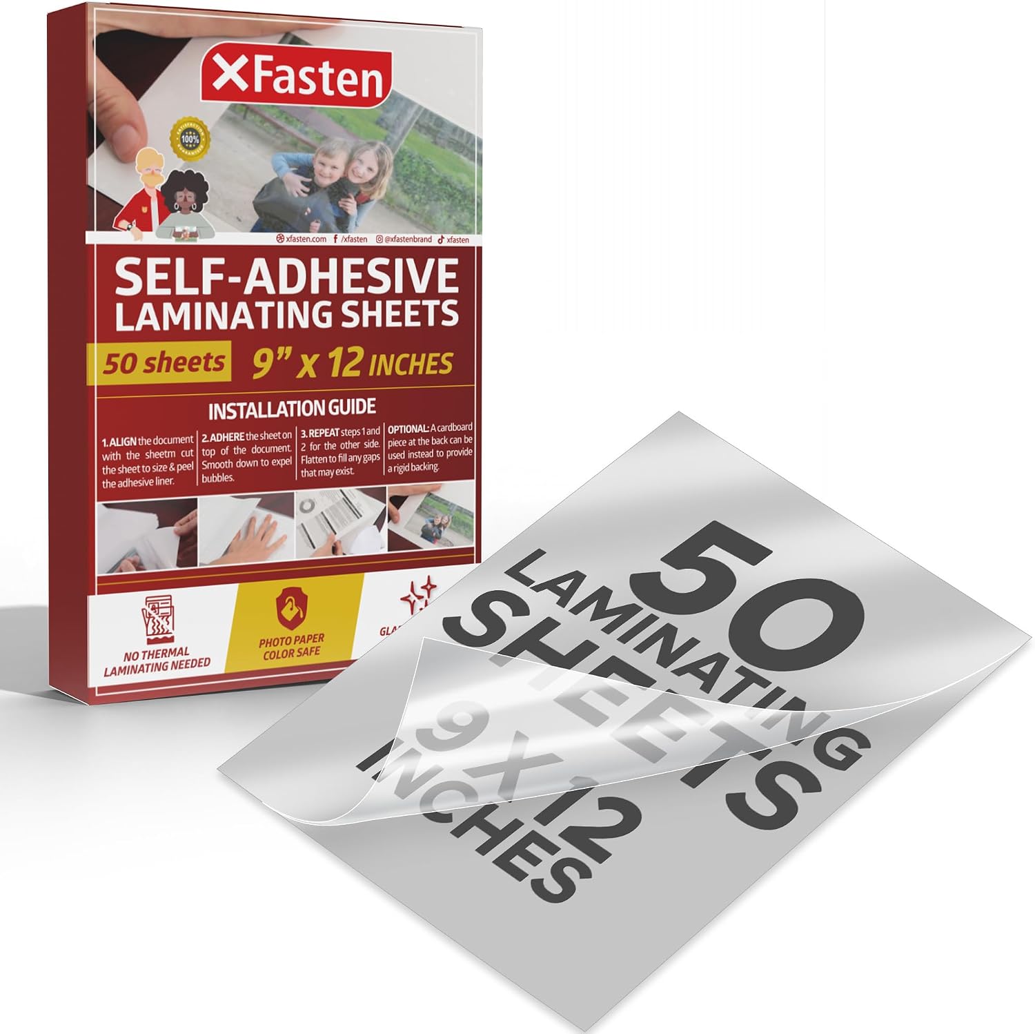 XFasten Láminas de Plastificar Autoadhesivas, 9 x 12 Pulgadas (Paquete de 50), 4.76 de Espesor