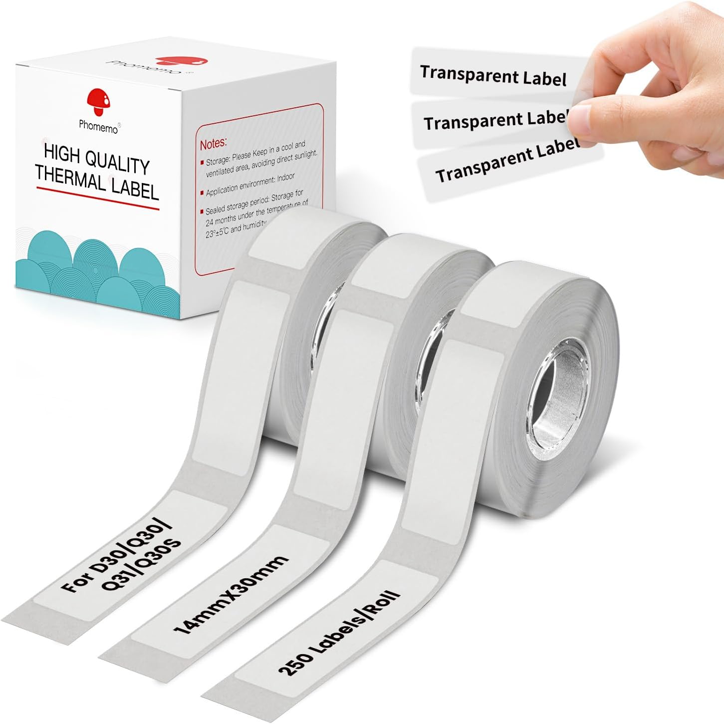Phomemo D30 Etiquetas Adhesivas para Organización y Clasificación de Documentos, compatibles con Impresoras Térmicas D30, Q30S, Q30, Q31, 14 mm X 30 mm, 3 Rollos, Letras Negras Transparentes