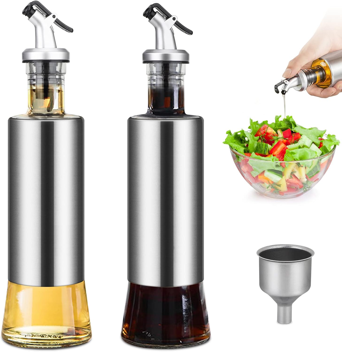 Aceitera y Vinagrera Aceitera Vinagrera Botellas Cristal para Aceite de Oliva Acero Inoxidable, con Boquilla de Vertido y Embudo, Utilizado para Asar, Ensaladas. 300 Ml * 2, Palabras sin imprimir