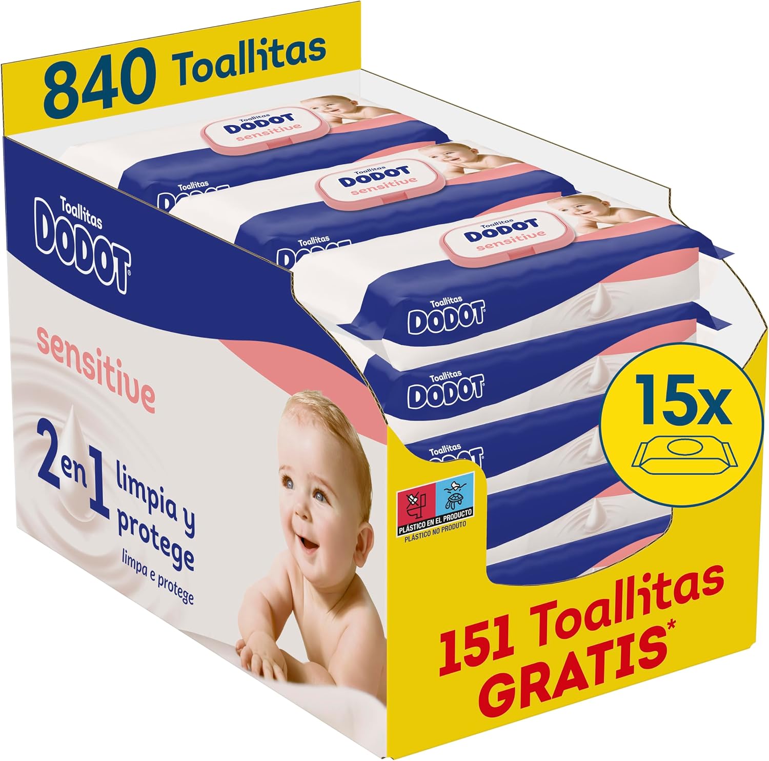 Dodot Toallitas Bebé Sensitive, 840 Toallitas (15 Packs x 56 uds) (El empaque puede variar)