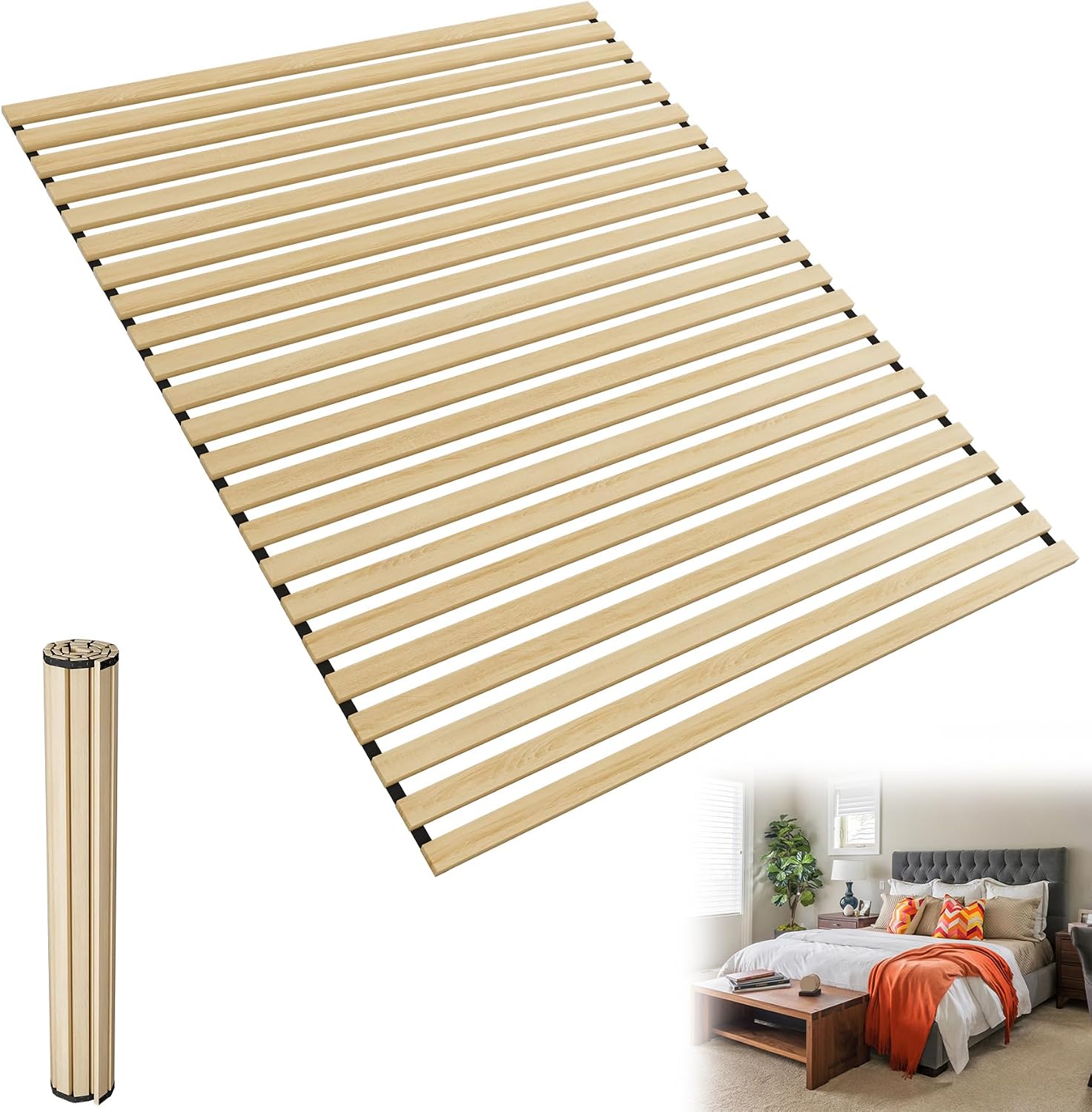 UISEBRT Somier enrollable de madera de abeto, 23 listones, 90 x 200 cm, listones de madera con goma negra, apto para todo tipo de colchones, capacidad de carga de hasta 300 kg