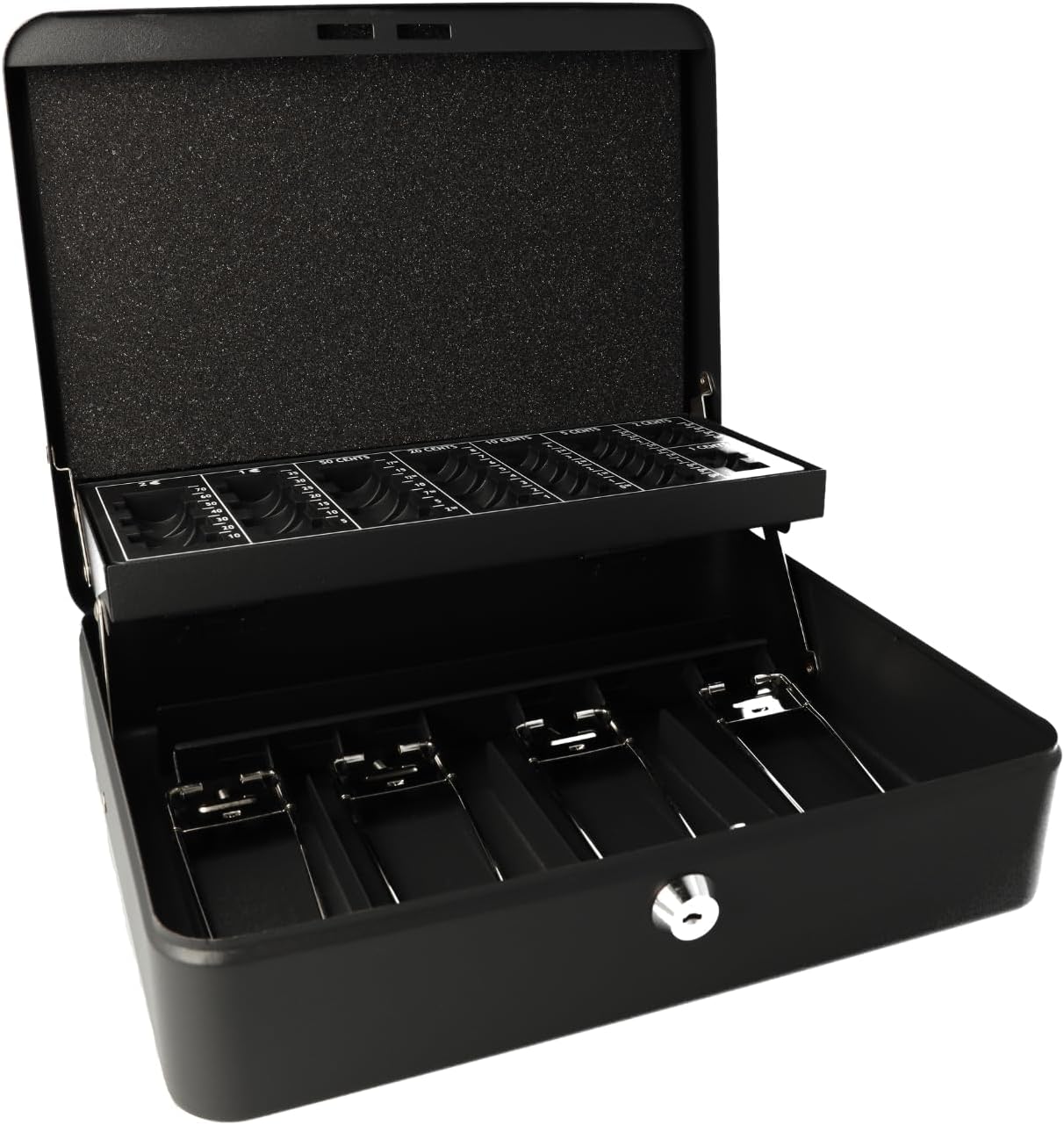 Westcott Caja de Caudales con Cerradura (Grande, 30 cm) Negra | Caja Robusta con Cerradura de Cilindro y 2 Llaves | 4 Compartimentos para Billetes y Bandeja para Monedas | E-51003 BLACK