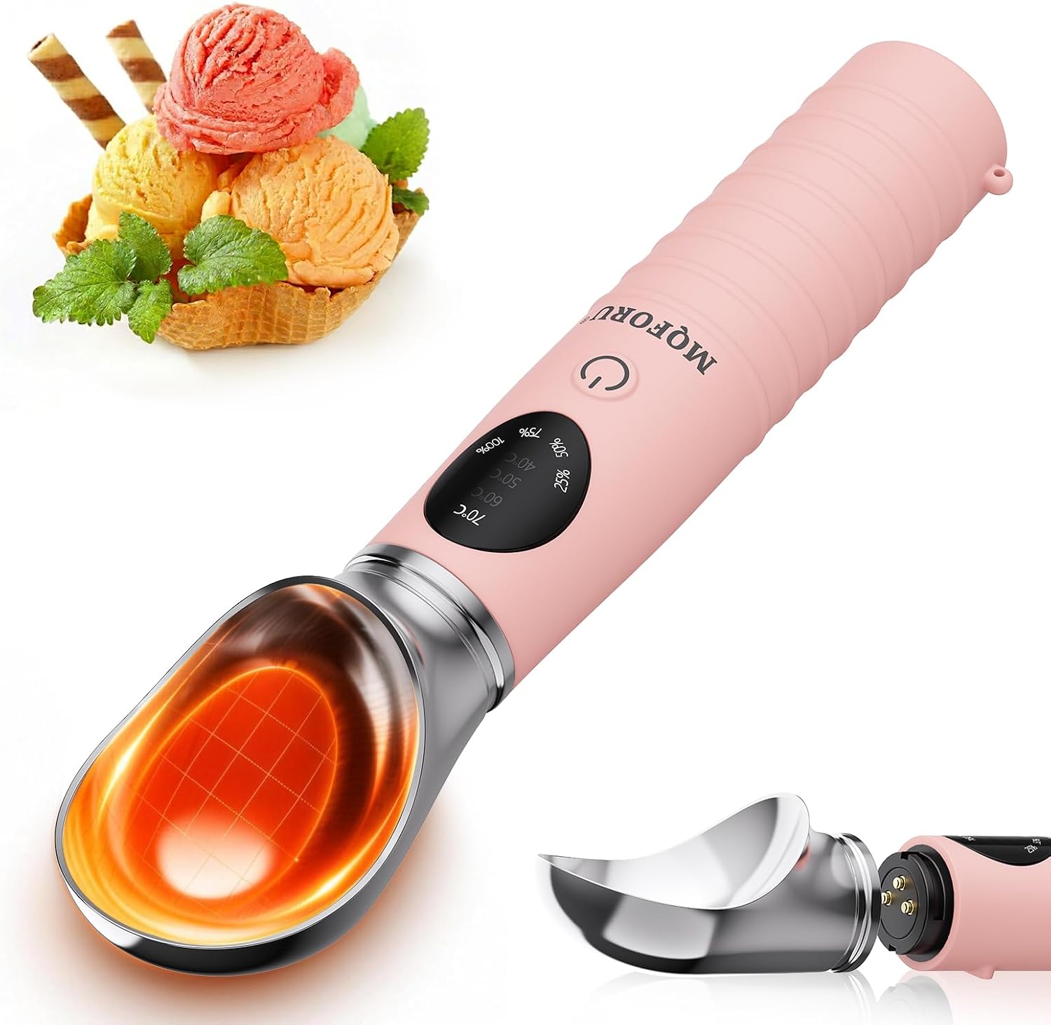 MQFORU Cuchara para helado calentada, Cuchara para helado eléctrica recargable con pantalla LED, Calor portátil de 4 niveles 40-70 °C, 2500 mAh para helado duro, Apto para lavavajillas (Rosa)