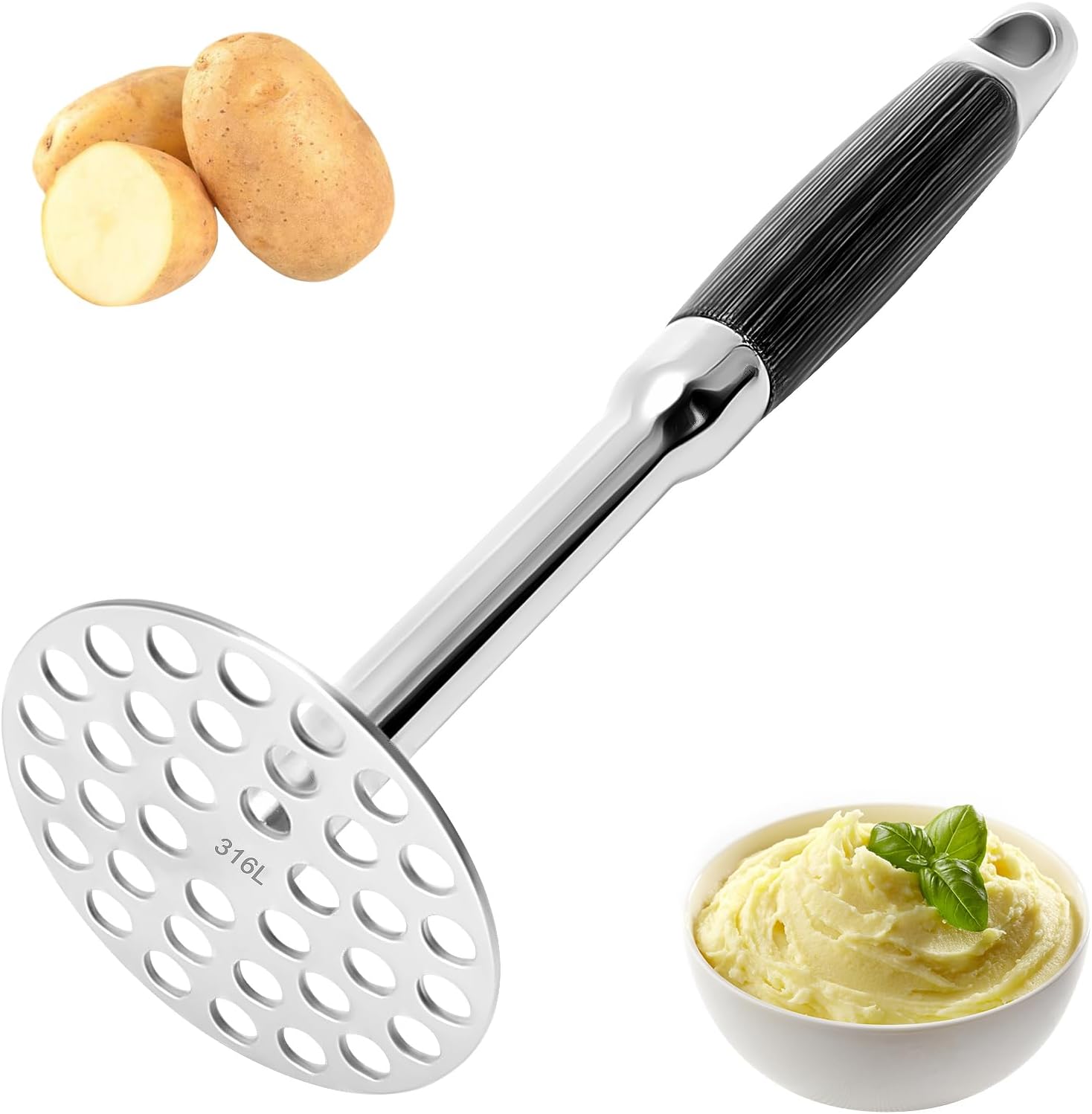 Aplastador de Patatas Acero Inoxidable Prensador, Machacador de Patatas con Mango Ergonómico de Madera, Utensilios Cocina para Puré de Patatas, Frutas y Vegetales -25.6 x 8.5cm