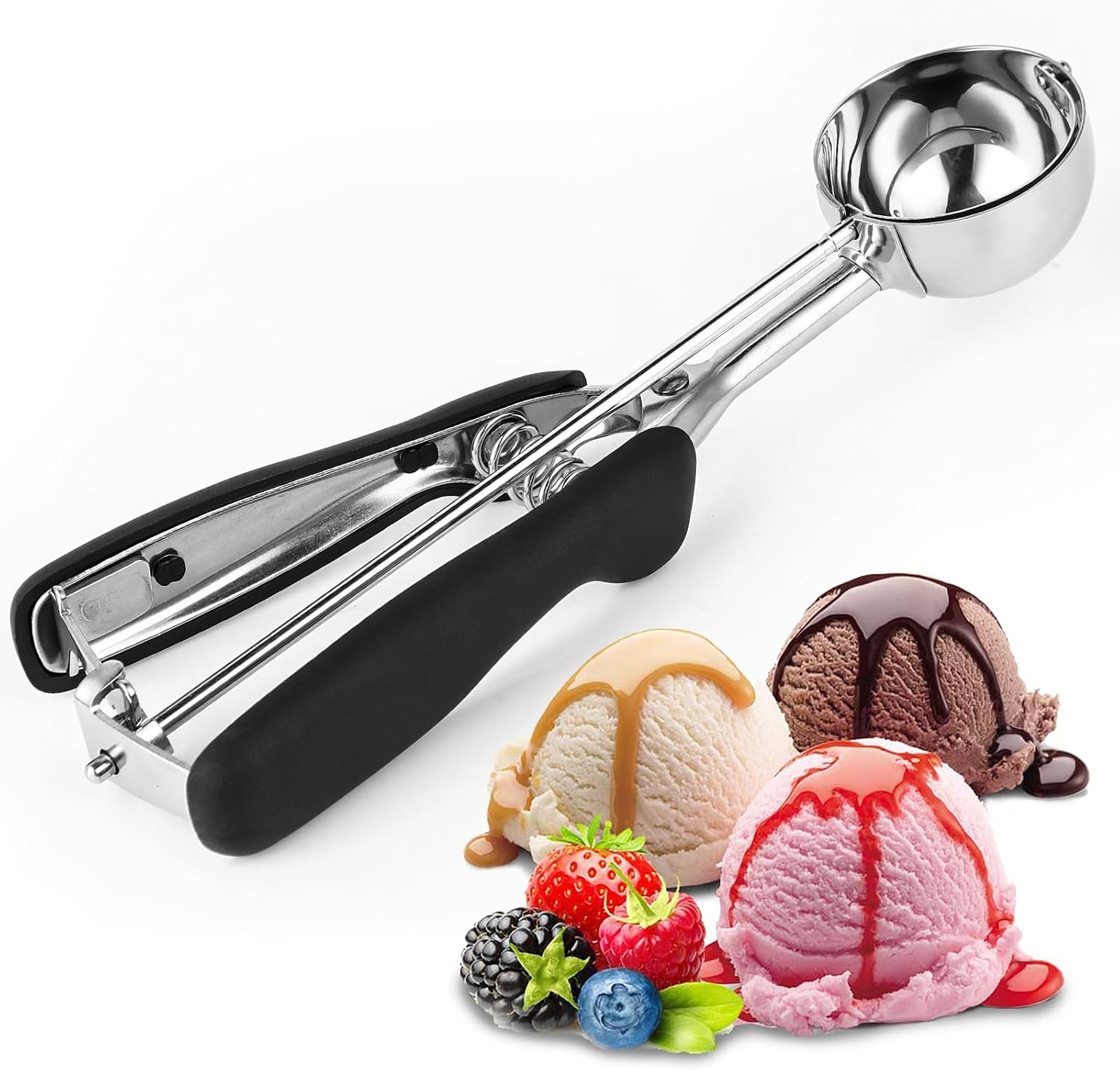 Cuchara Helado, Sacabolas Helado, 5cm, Acero Inoxidable 304, Perfecto para Helado, Bolitas de Melón, Albóndigas, Pasteles, Galletas, Masa para Galletas y Arroz, 3 Unidades, Plata