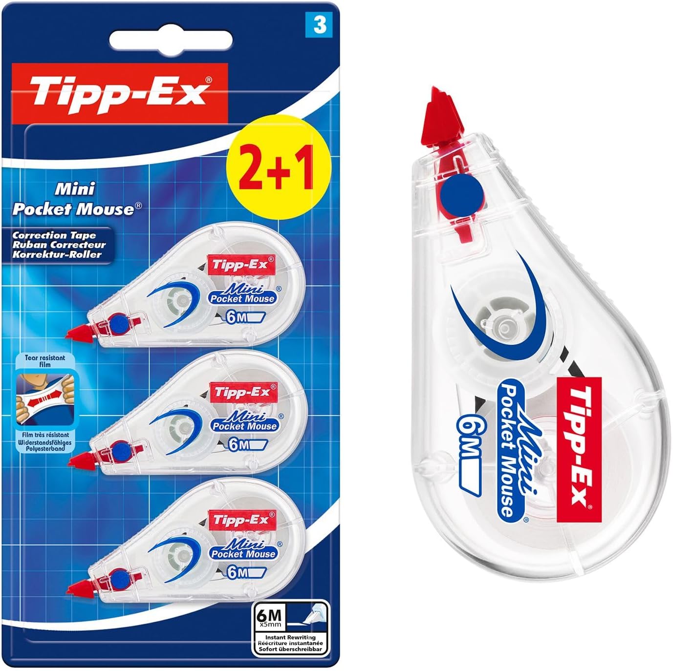 Tipp-Ex Cinta Correctora Mini Pocket Mouse – Óptimo para Material Escolar - 6 m x 5 mm, Pack de 2+1, Color Blanco