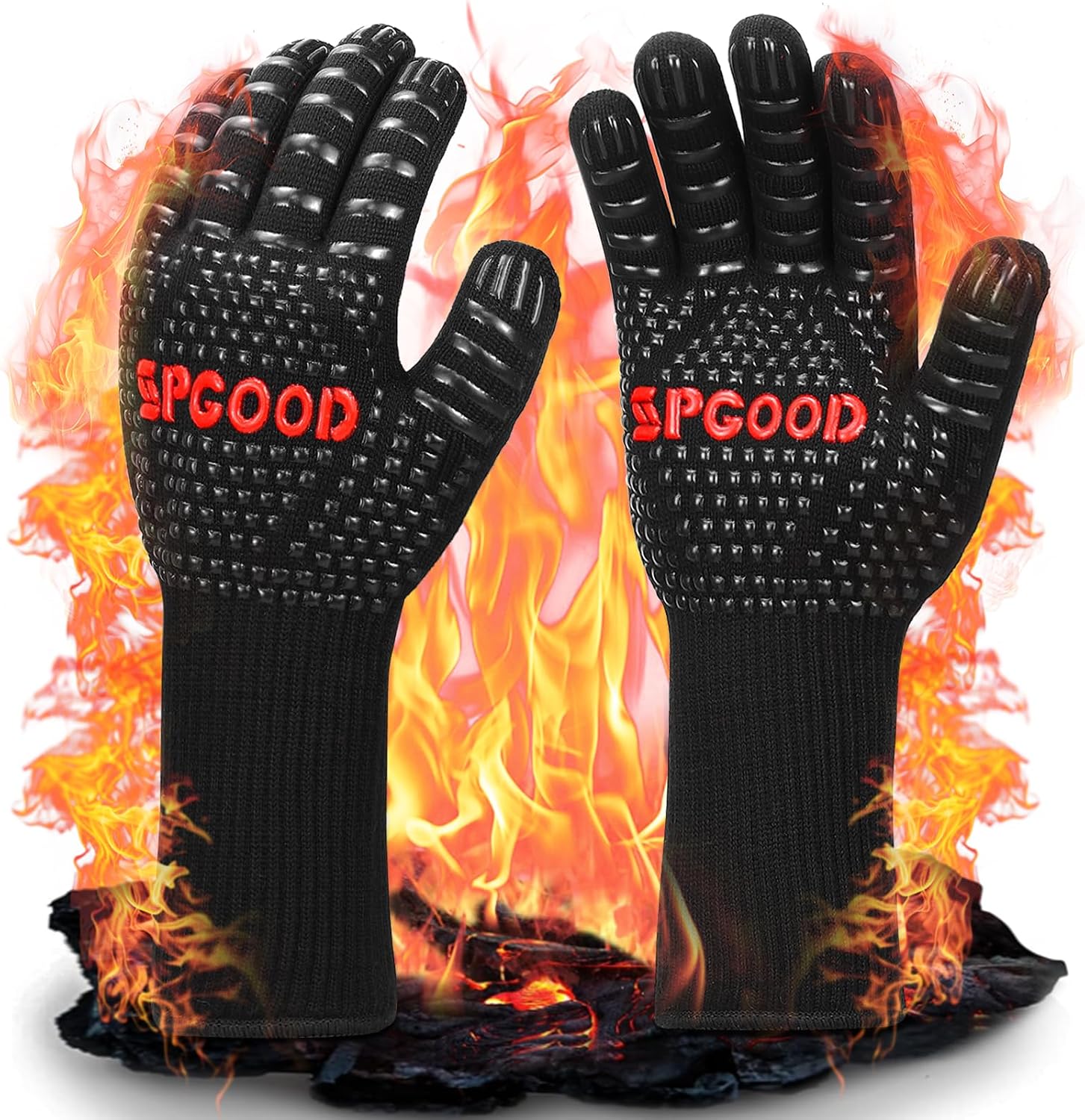 SPGOOD Guantes Barbacoa Altas Temperaturas 800°C, Largos (Negro,L/XXL)