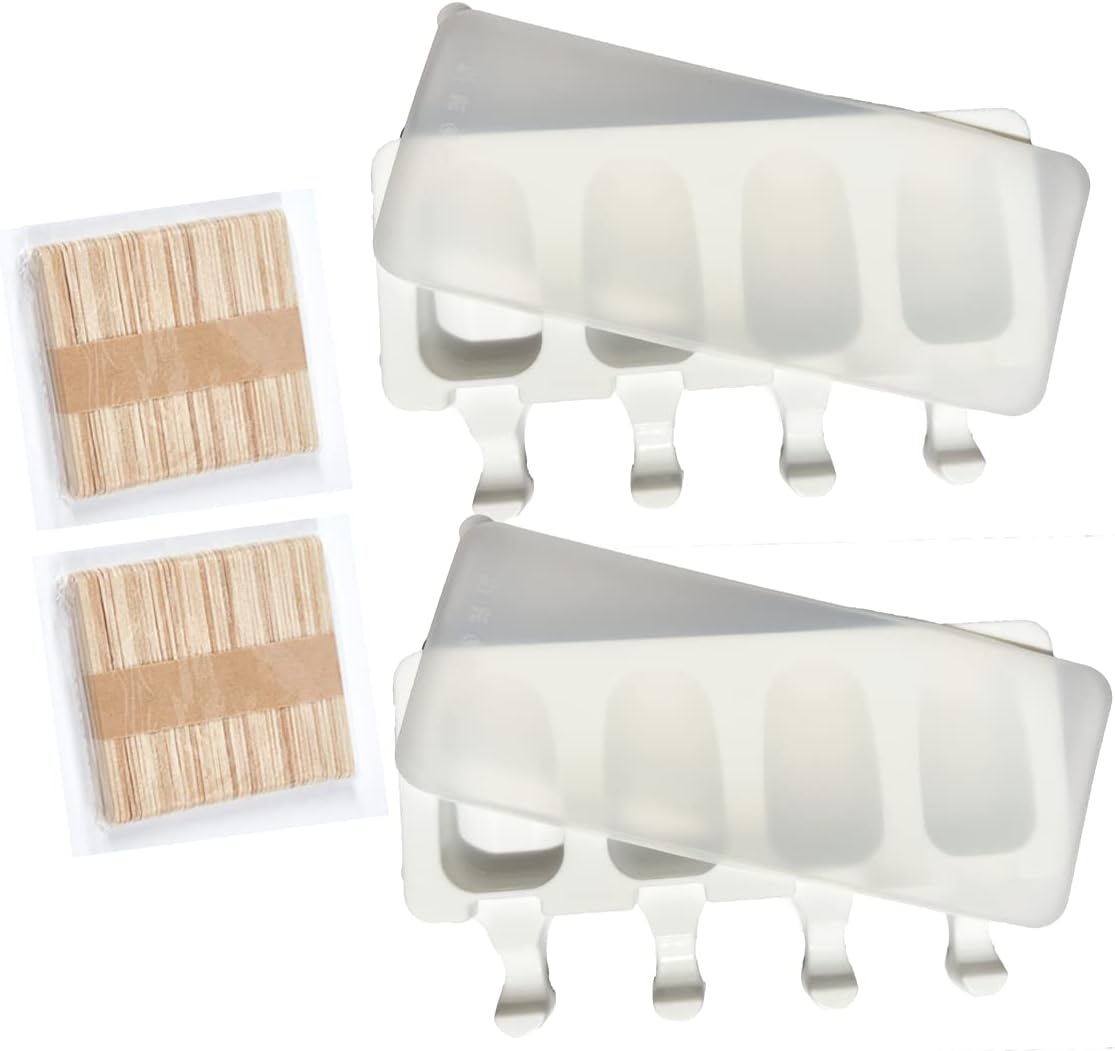2 piezas de moldes para helados, molde para cubitos de hielo con 4 cavidades, con tapa y palitos, molde de silicona para helados, para helados congelados para hacer tú mismo (100 palitos de madera)