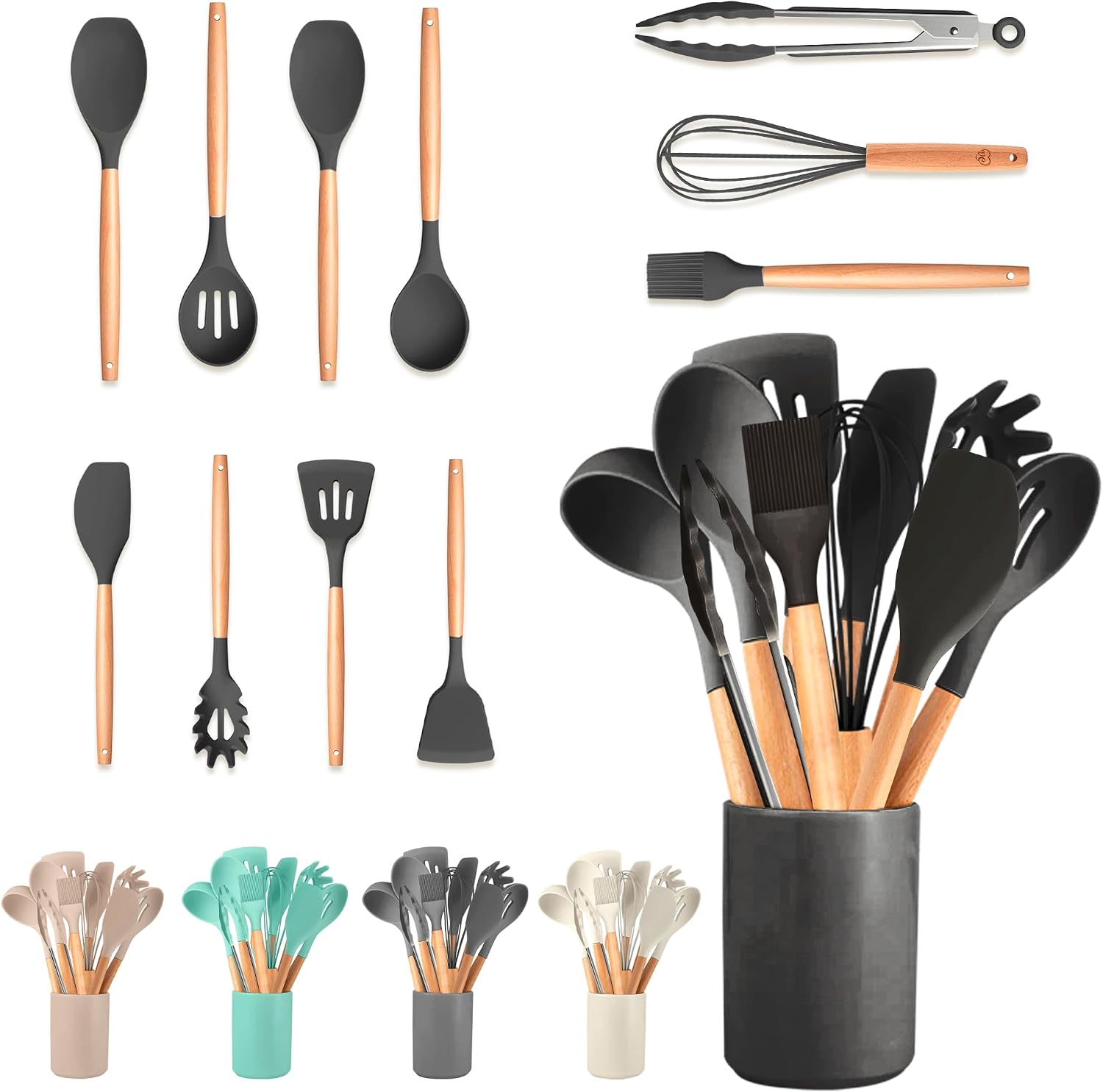 JUPPLIES Juego de Utensilios de Cocina de Silicona 19 Piezas con Cuchillos, Tijeras y Tabla de Cortar – Set Antiadherente Resistente al Calor – Apto para Todas Las Ollas y Sartenes - Negro