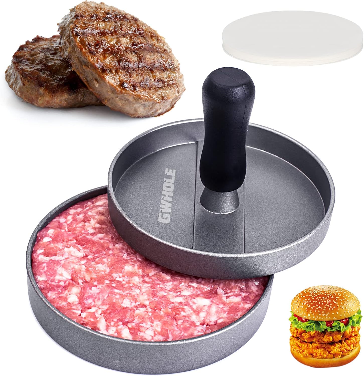 GWHOLE Prensa de Hamburguesas Antiadherente, Diámetro de 11,5 cm, Molde Prensador Hamburguesas con 100 Papeles de Hamburguesas