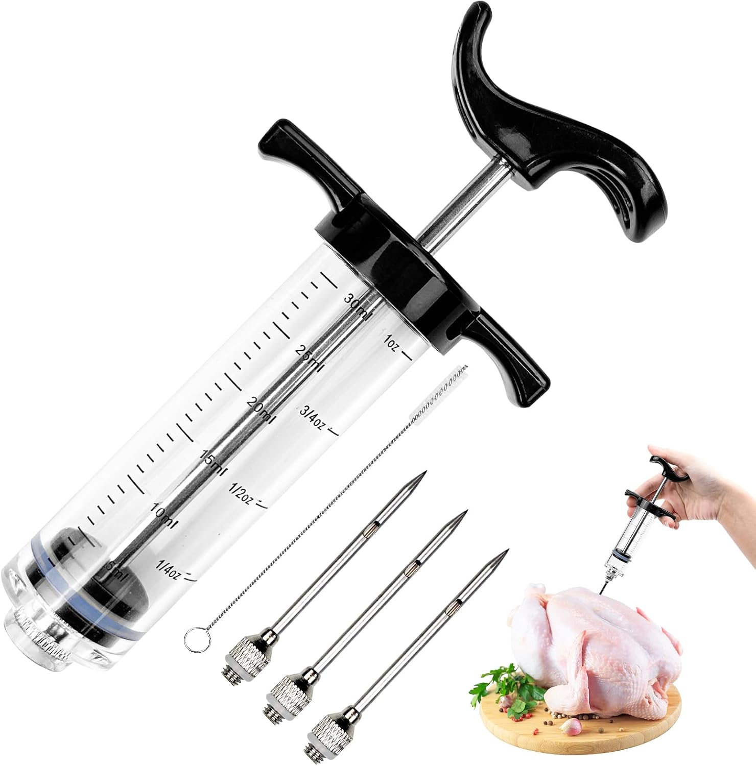 Avesteir 30ml Jeringuilla Grande con 3 Agujas de Acero Inoxidable para Carne y 1 Cepillo de Limpieza, Inyector Salsas, Jeringa de Cocina, Jeringas Medidoras para Cocinar en Casa y Hacer Barbacoas