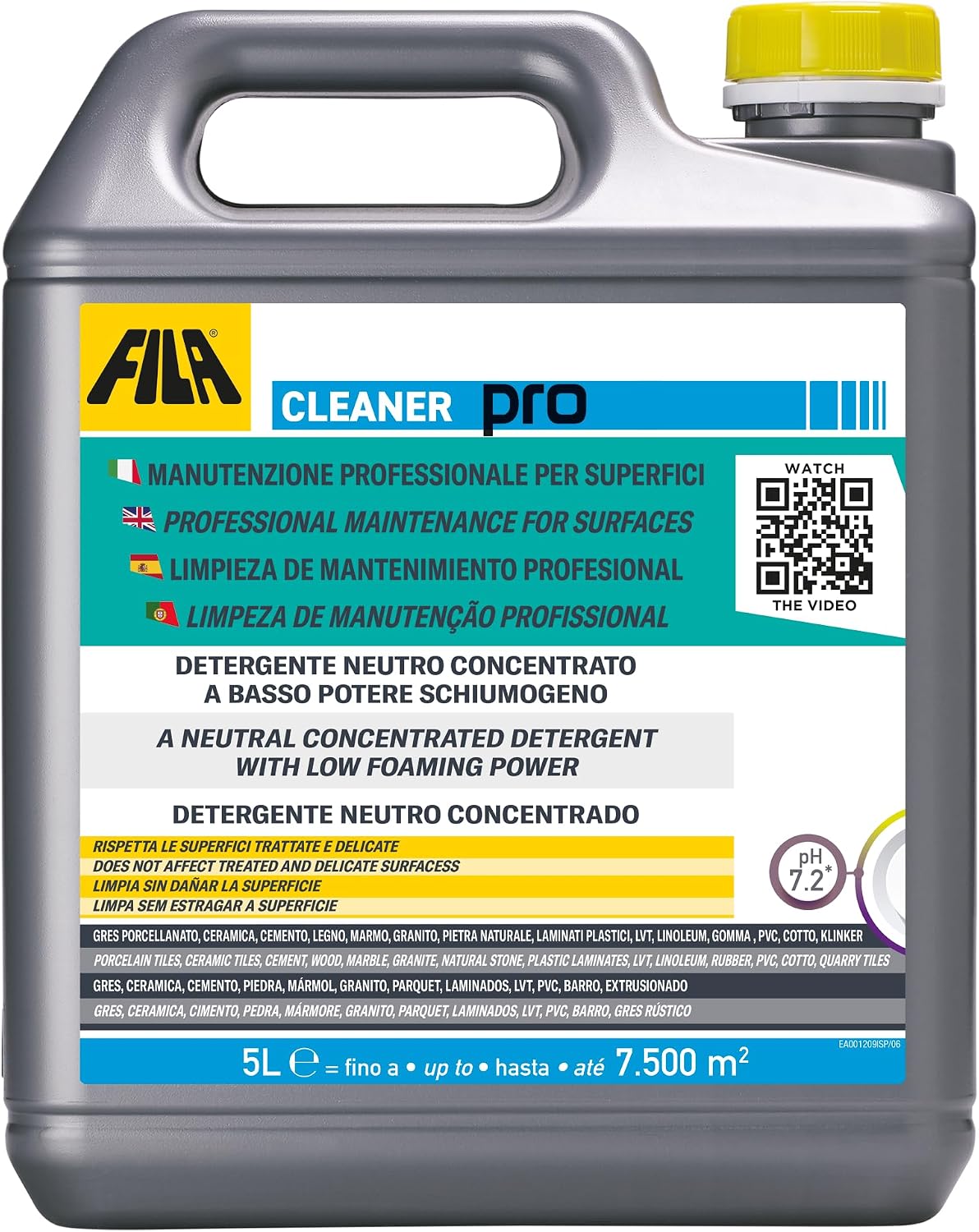 FILA Surface Care Solutions, CLEANER PRO, Detergente para pavimentos con pH Neutro Ideal para todo tipo de pavimentos y revestimientos, incluso los más delicados, 5L