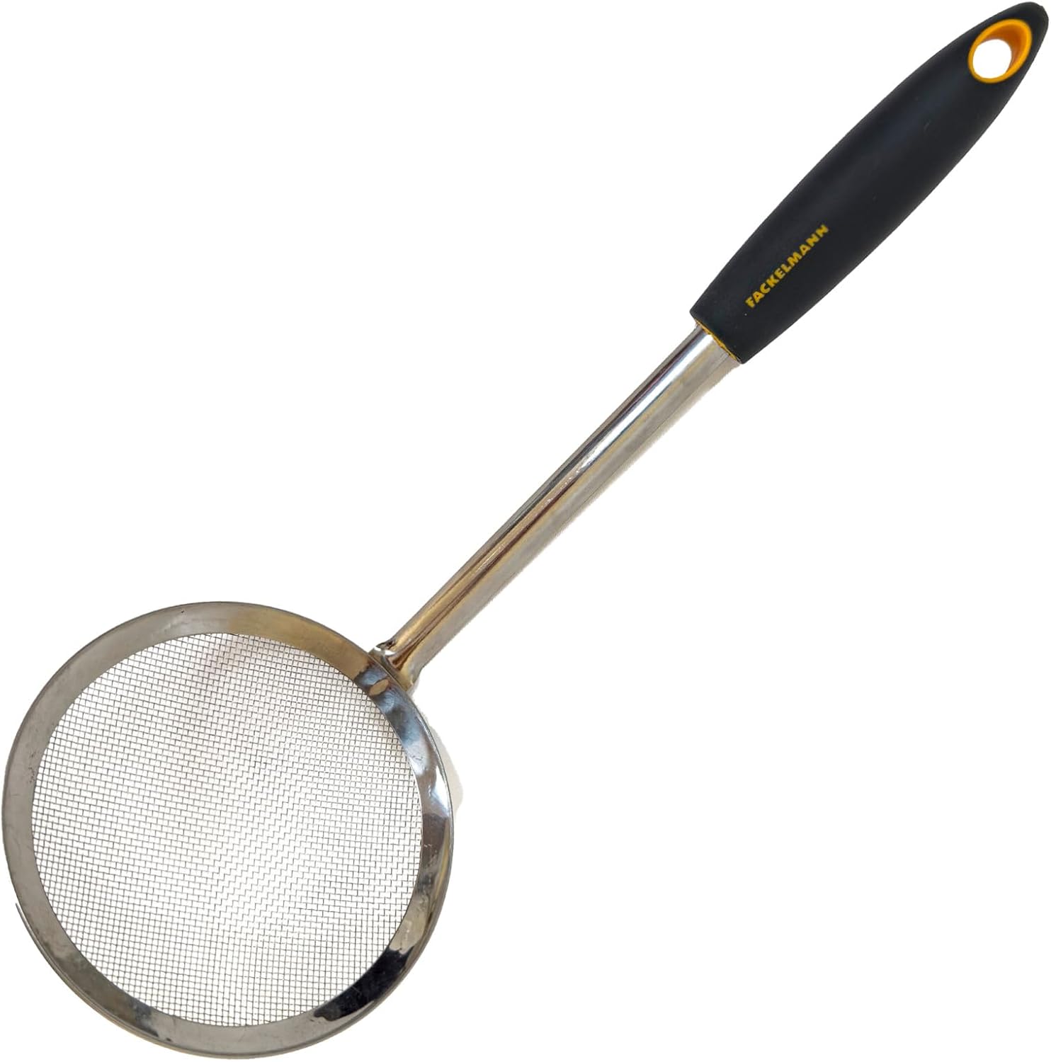 Fackelmann Soft Espumadera de Malla, Acero Inoxidable y Mango de Polipropileno con Tacto Suave, Antideslizante y Ergonómico, Apta para Freír y Espumar, 30x11x8 cm, Naranja y Gris, 1 ud.