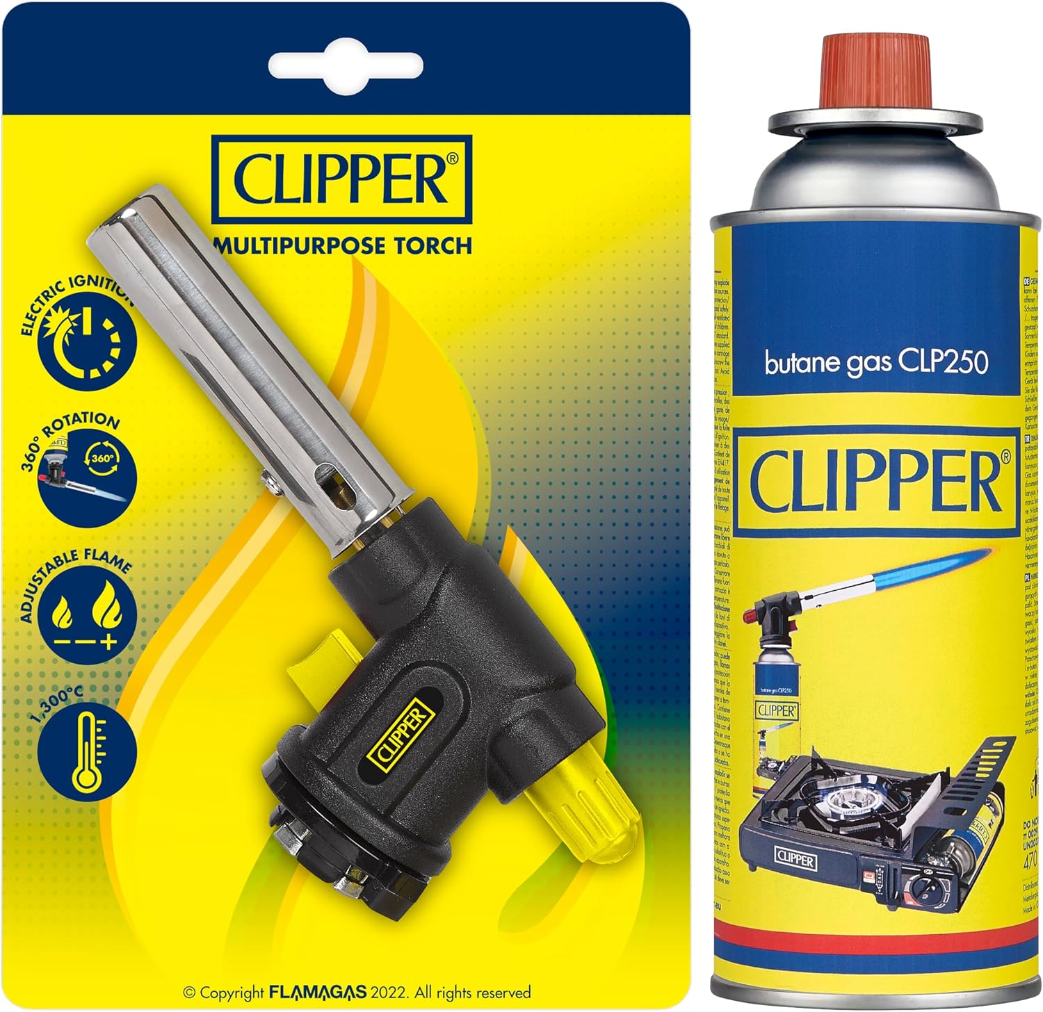 Clipper - Soplete Multiusos + Cartucho de 400ml de Gas Universal | Válvula GLP250 | Ideal para Flamear, Caramelizar y usar en Barbacoas | Cocina & Acampada