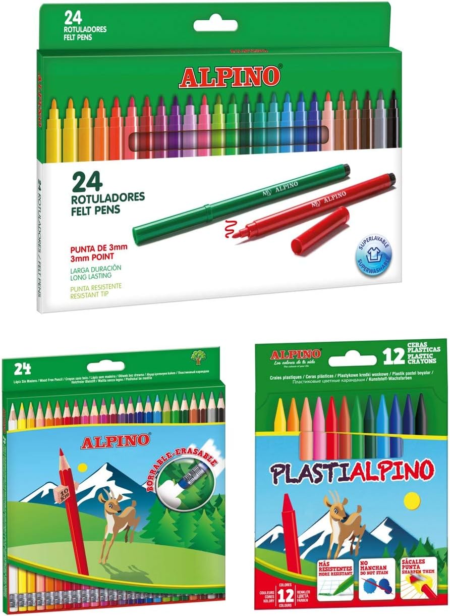 Alpino Pack Escolar - 24 Lápices de Colores, 24 Rotuladores y 12 Ceras