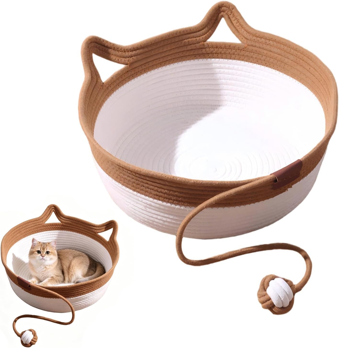 Cama para gatos con pelota de cuerda, 46x46x16 cm. Cesta redonda para gatos de cuerdas de algodón, transpirable y lavable para interior, nido para gatos para todos los gatos y cachorros, gris