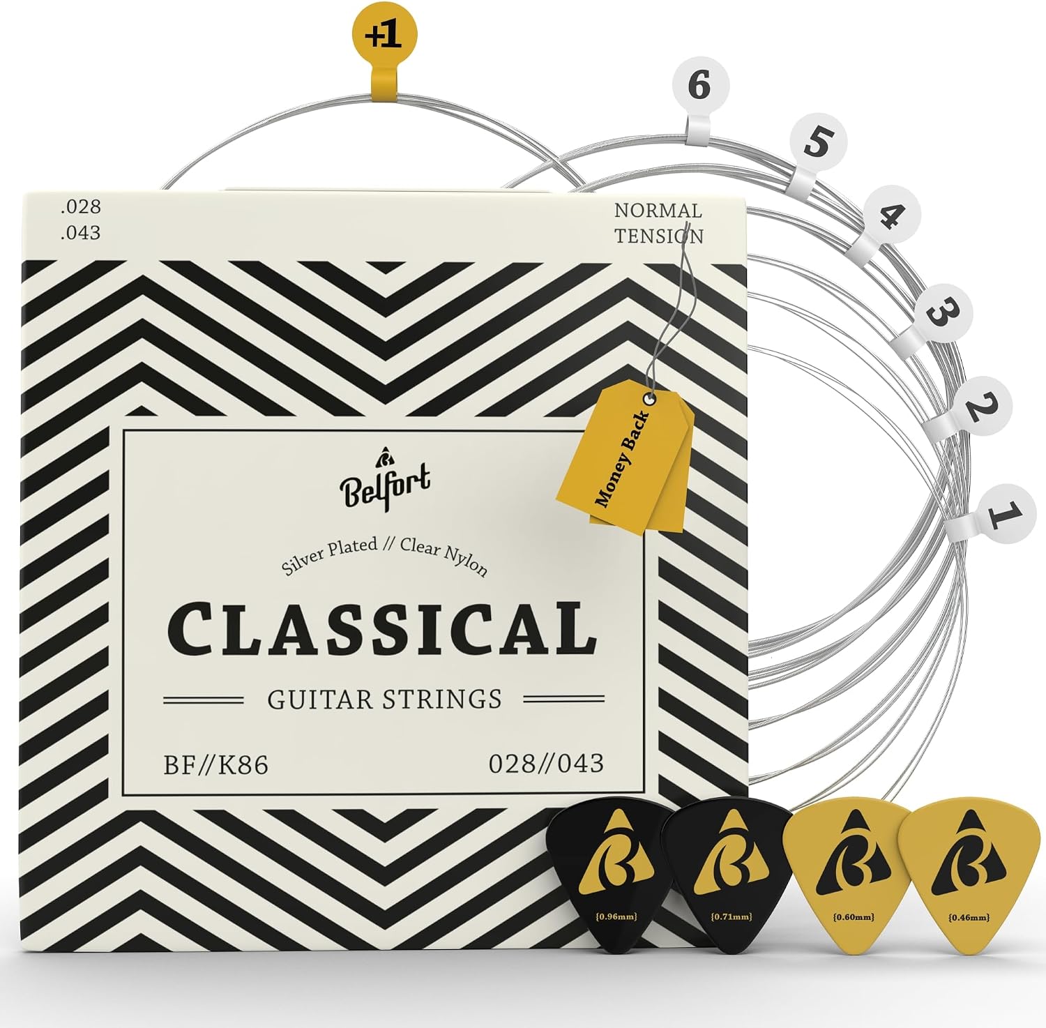 BELFORT Cuerdas Guitarra Clásica y Española, Nylon, Juego de 6 + 4 Púas