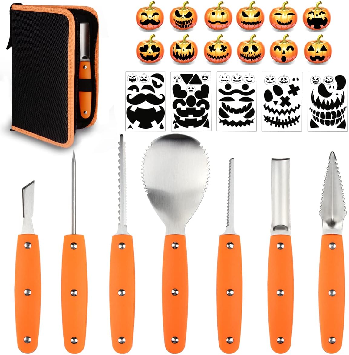 Hoshin Kit de tallado de calabaza de Halloween, herramientas profesionales de acero inoxidable resistentes con funda de transporte (juego de 7 piezas)