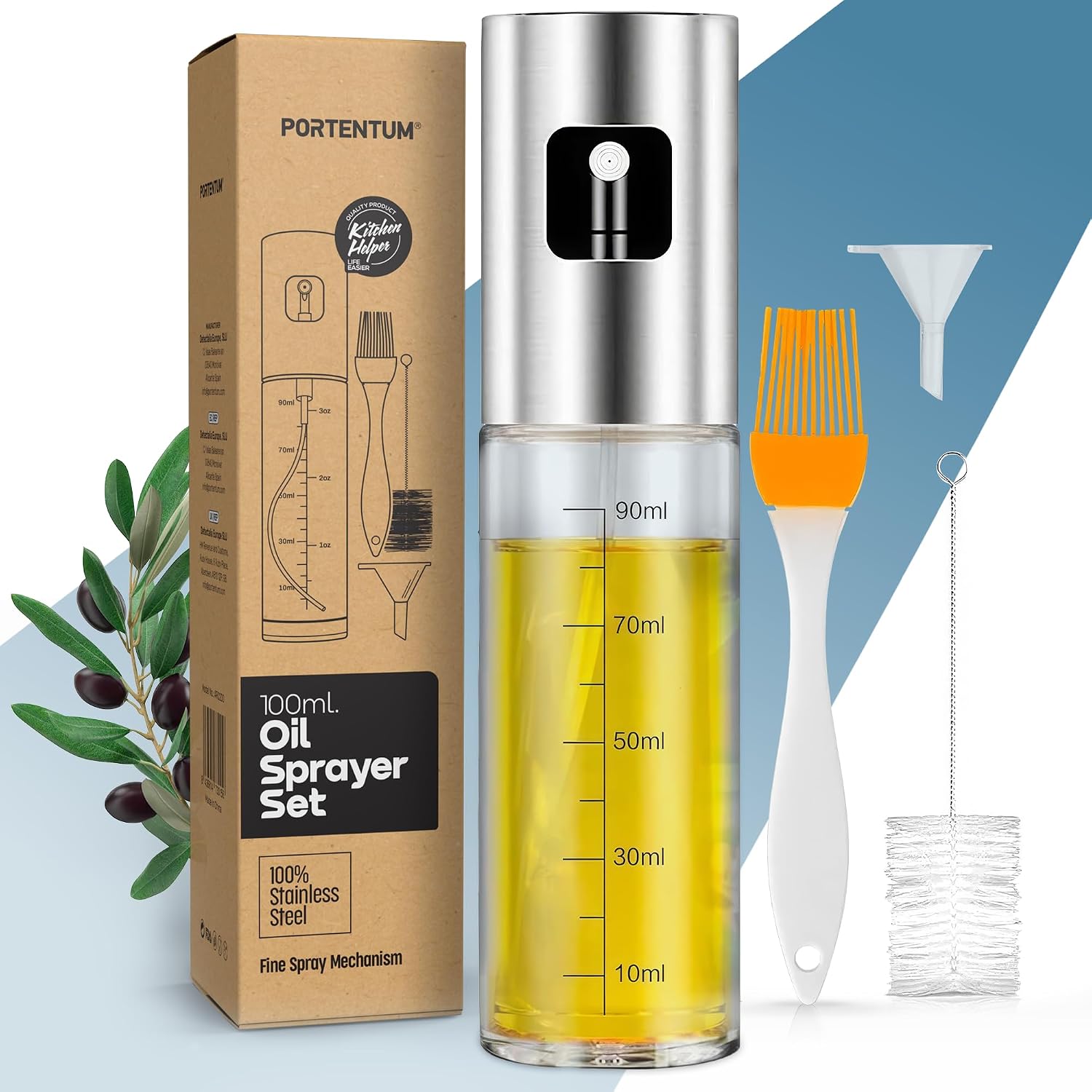 PORTENTUM Pulverizador aceite spray 100ml - Acero inoxidable y vidrio, antigoteo, aceitera con dispensador, incluye accesorios - Ensaladas, Vinagre - Uso también para freidoras de aire