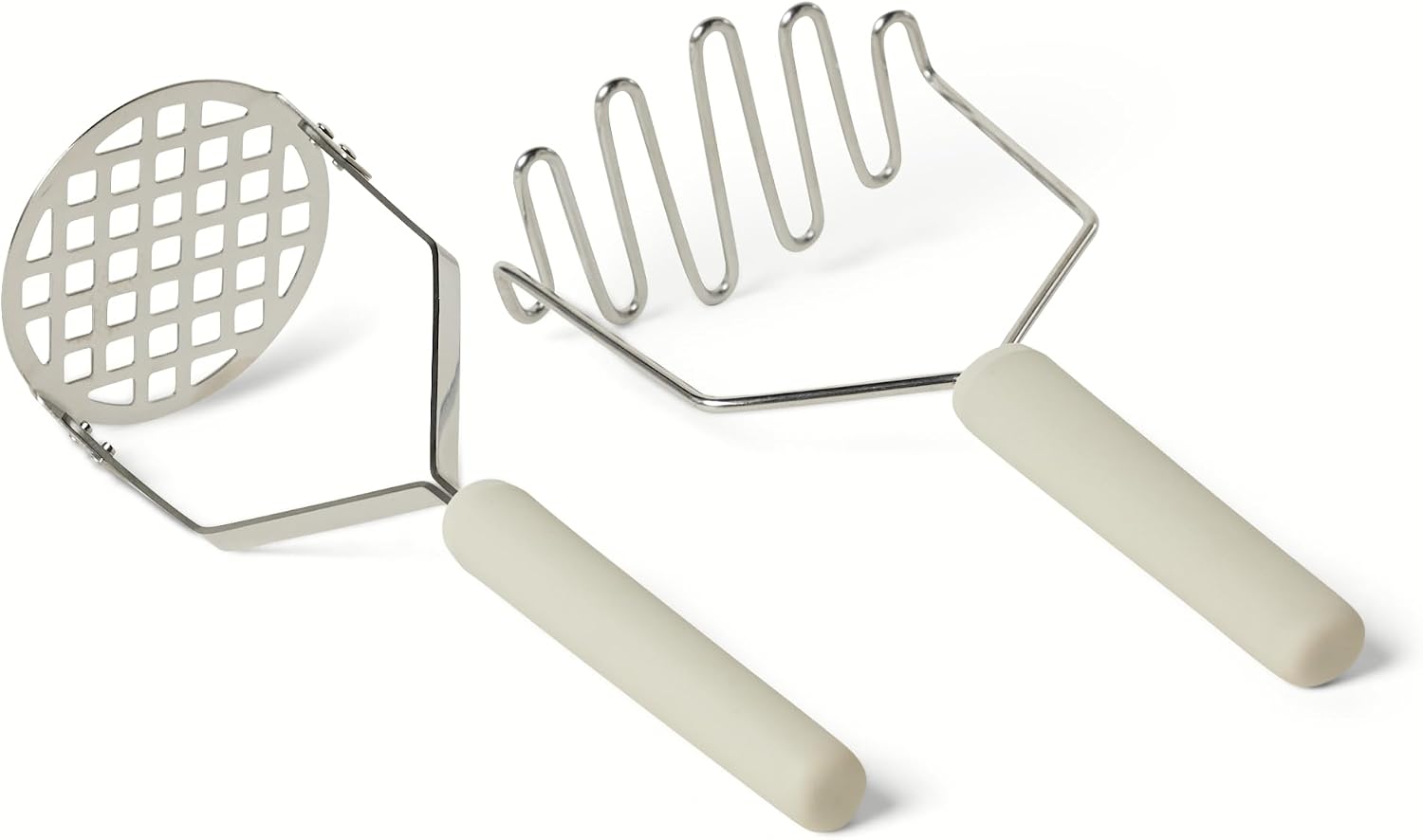 Amazon Basics Machacadores de Patatas, Juego de 2 Piezas, Asa de Agarre Suave, Aptos para Lavavajillas, Gris Lino