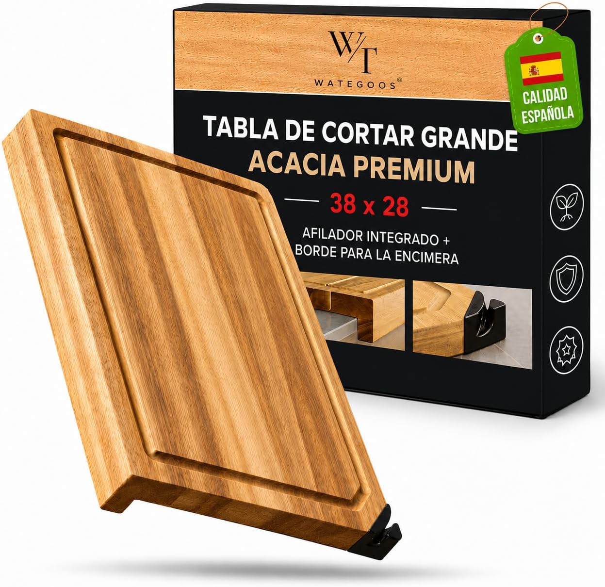Tabla de Cortar Grande de Madera Acacia con Borde para la Encimera