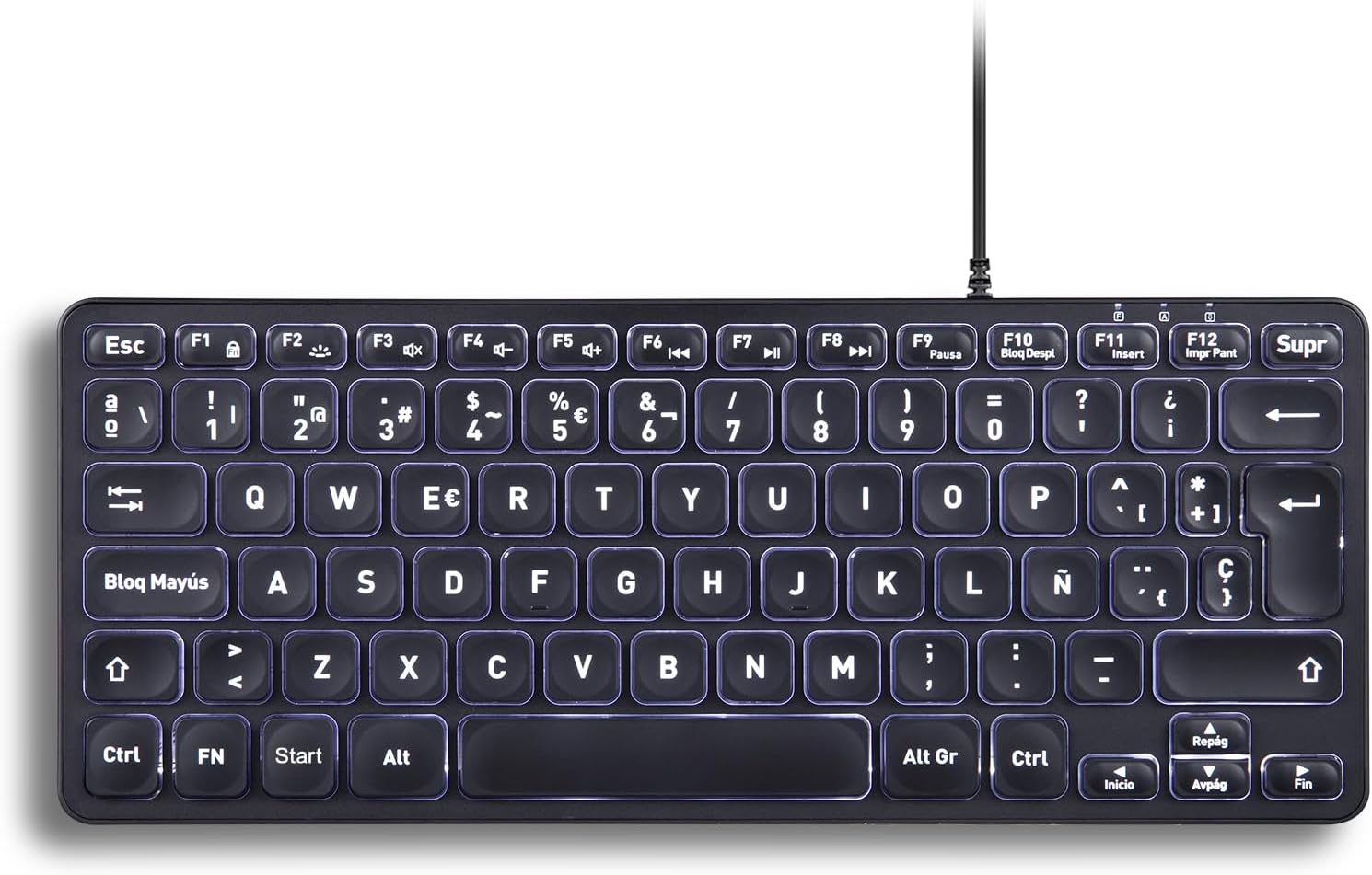 Perixx PERIBOARD-332 Teclado Mini USB retroiluminado con Cable - Teclas de Tijera Tipo X - Retroiluminación Blanca - Negro - QWERTY Español