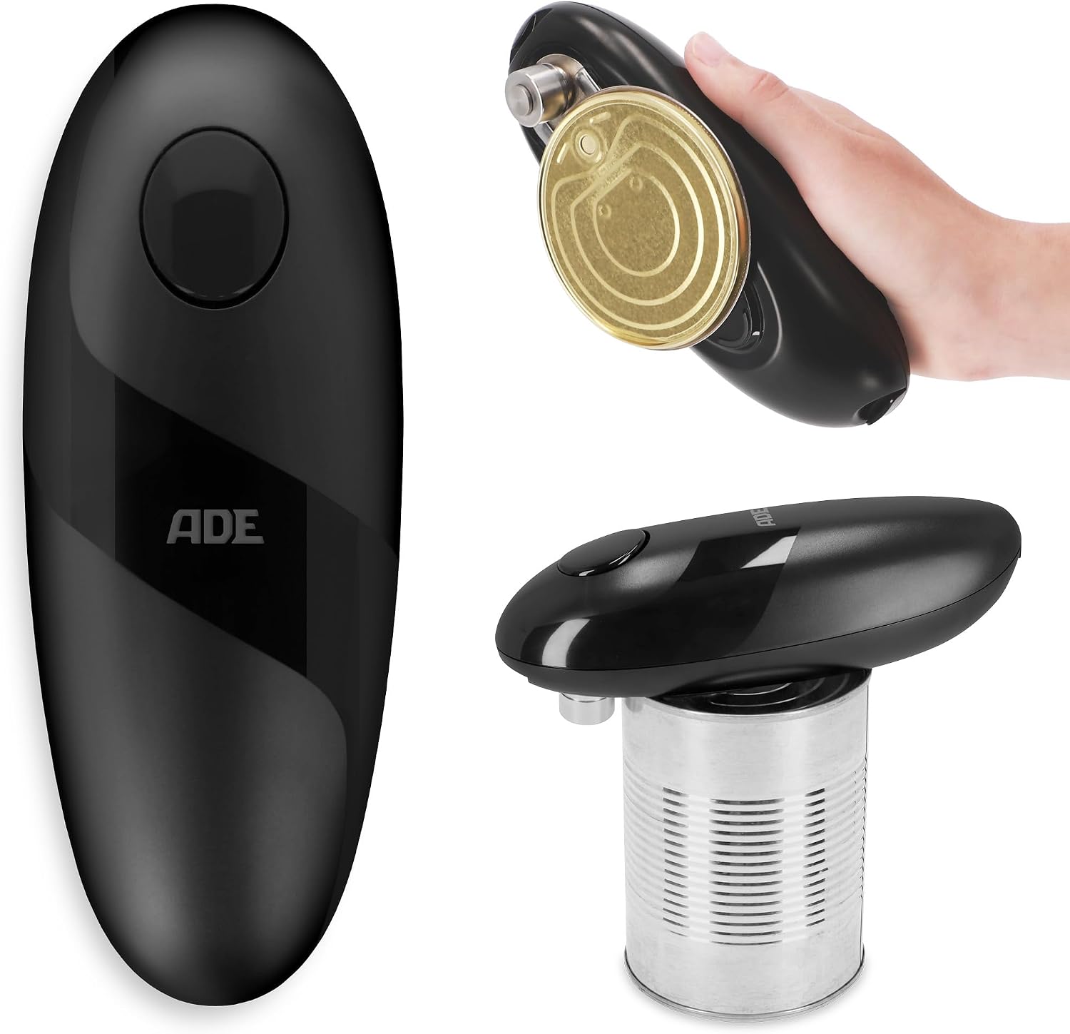 ADE Abrelatas eléctrico | abridor de botes sin esfuerzo | perfecto para personas mayores | práctico abridor de latas con imán y gancho | sin bordes afilados | pilas incluidas