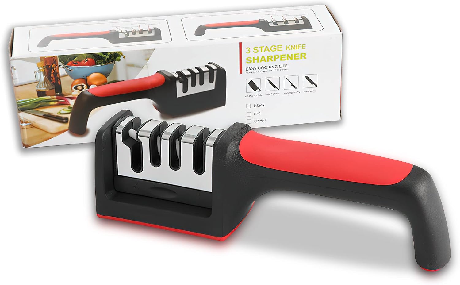 Afilador Cuchillos y Tijeras – Afilador de Cuchillos Profesional – Base Antideslizante – Afilado Rápido – Utensilios Cocina – Afilador 3 Etapas – Knife sharpener – Manual. (Rojo y Negro)
