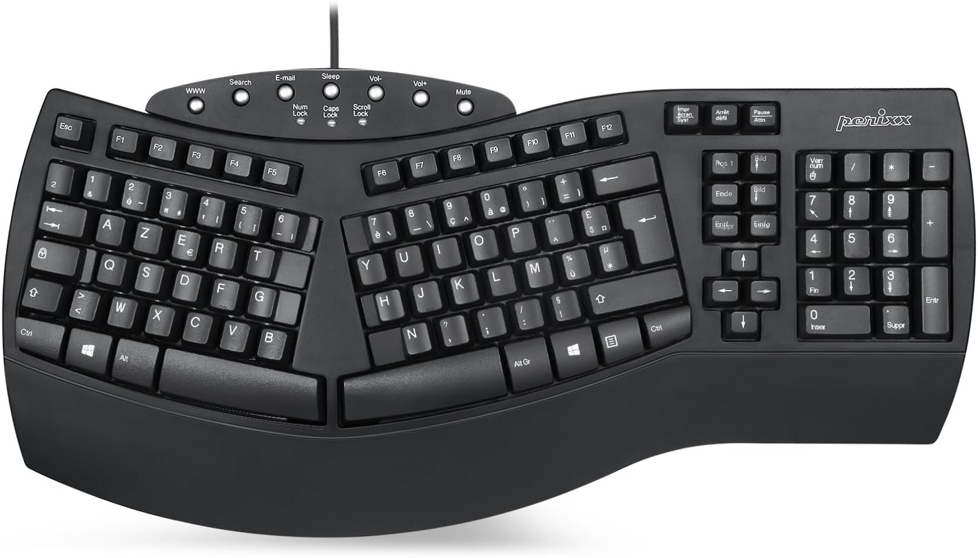 Perixx PERIBOARD-612, gran teclado ergonómico inalámbrico, conexión de 2,4 GHz y Bluetooth 4.0 para Windows y Mac – negro, AZERTY