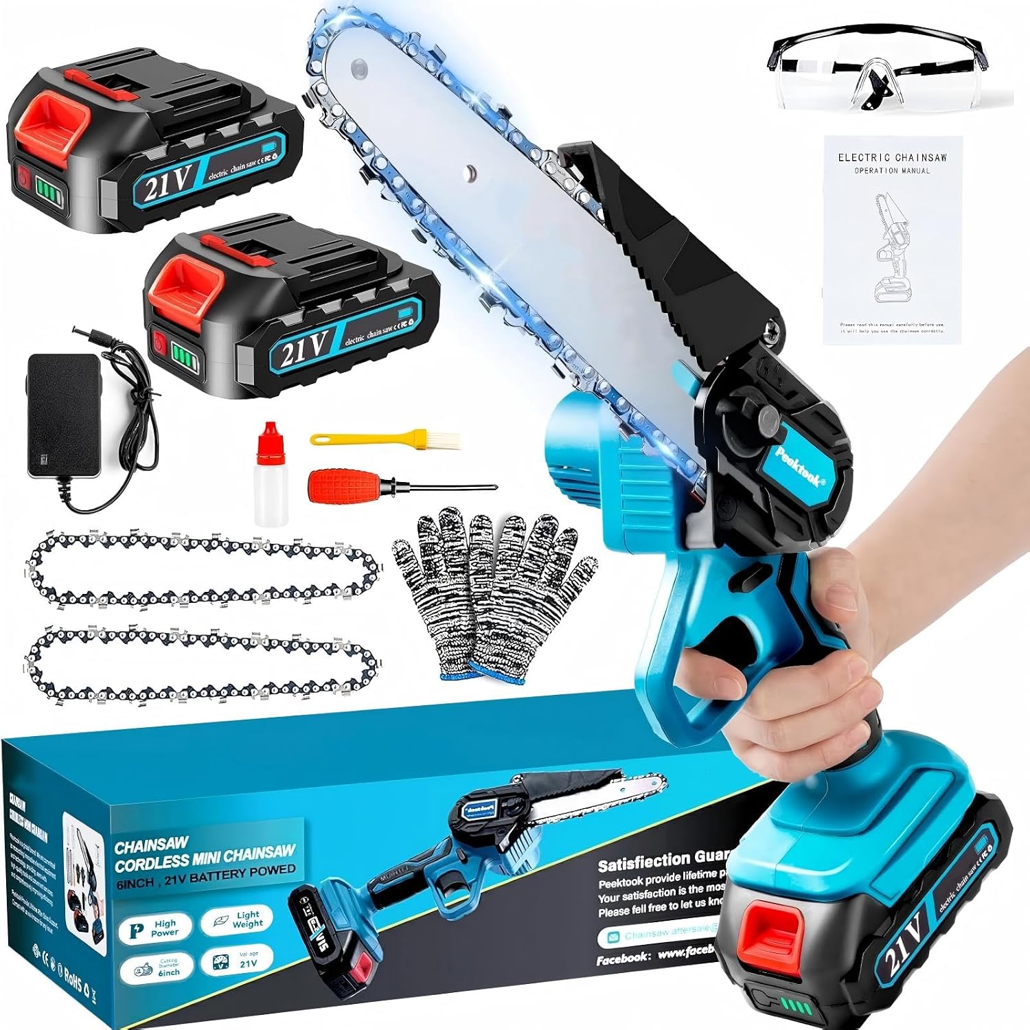 Mini Motosierra Bateria 6 Pulgadas, 1000W Motor Sin Escobillas Motosierra Eléctrica con 4000mAh Baterías y 2 Cadenas, Motosierra de Mano Portátil Inalámbrica para Podar Árboles de Jardinería y Madera