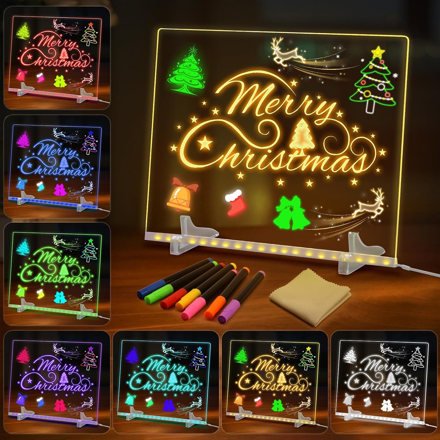 Tablero Acrílico Luminoso con Mensaje LED 35x25cm, Tablero de Notas Acrílico con 7 colores Bolígrafo,Soporte Ajustable,Tablero de Mensajes LED, Tablero de Notas LED Limpiable