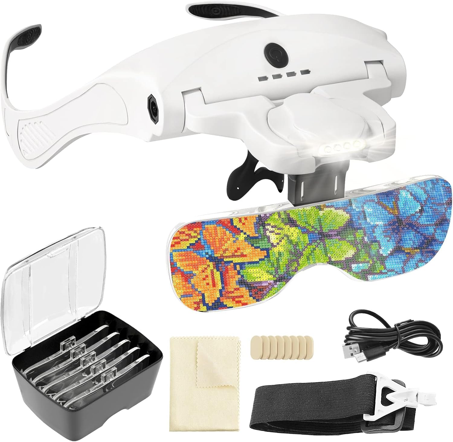 ARTDOT Gafas Lupa con luz led para Manualidades, con 5 Lentes reemplazables y 4 Leds de Brillo Ajustable, Ideal para Diamond Painting, Pintura de Diamante, Kits Adultos y Accesorios