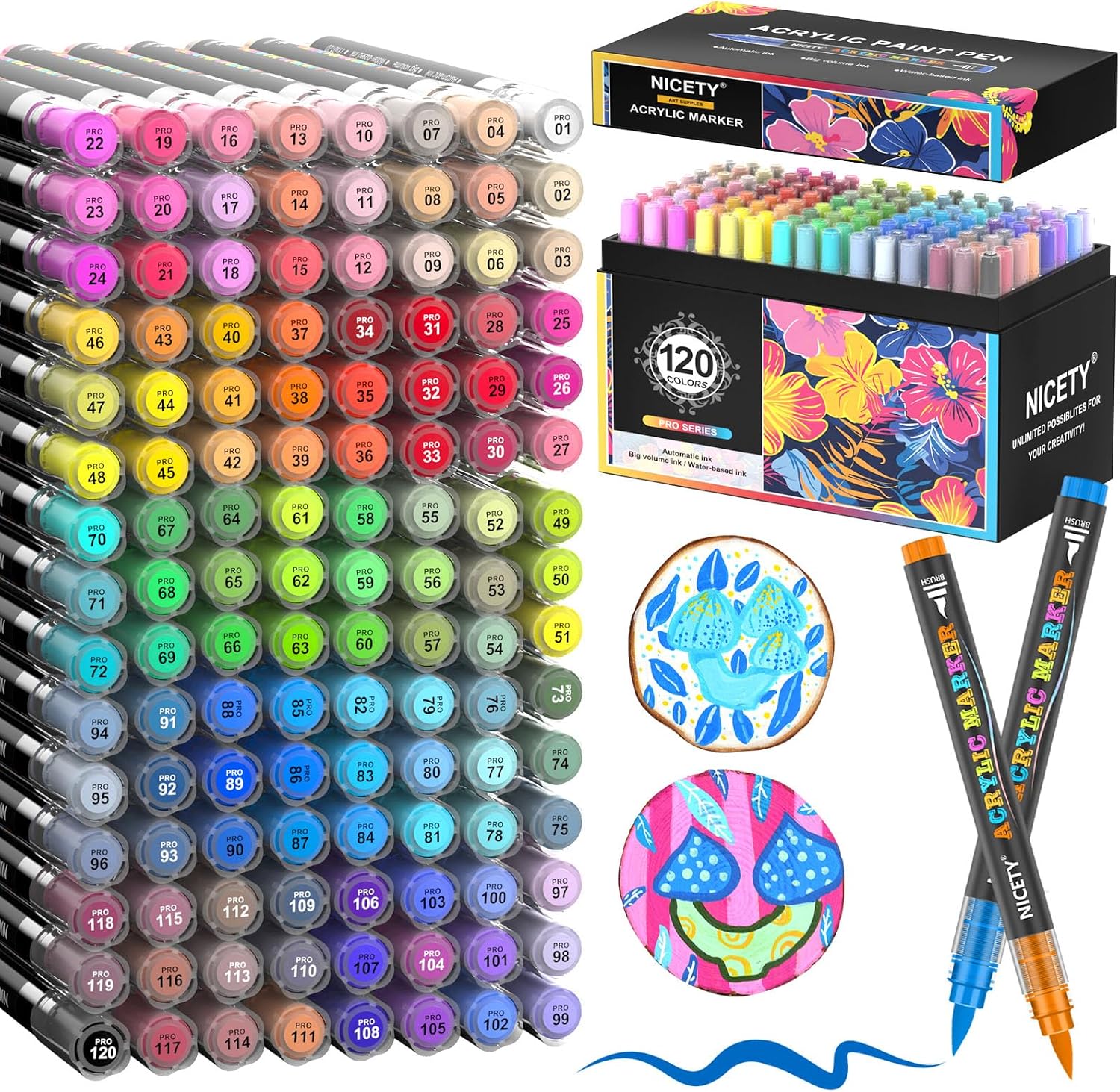 NICETY 120 Rotuladores Acrílicos de Punta Pincel - Set de Marcadores para Pintar sobre Piedra, Madera, Cerámica, Cristal - No Tóxicos, Punta Flexible 1-6mm - Para Adultos, Artistas y Principiantes