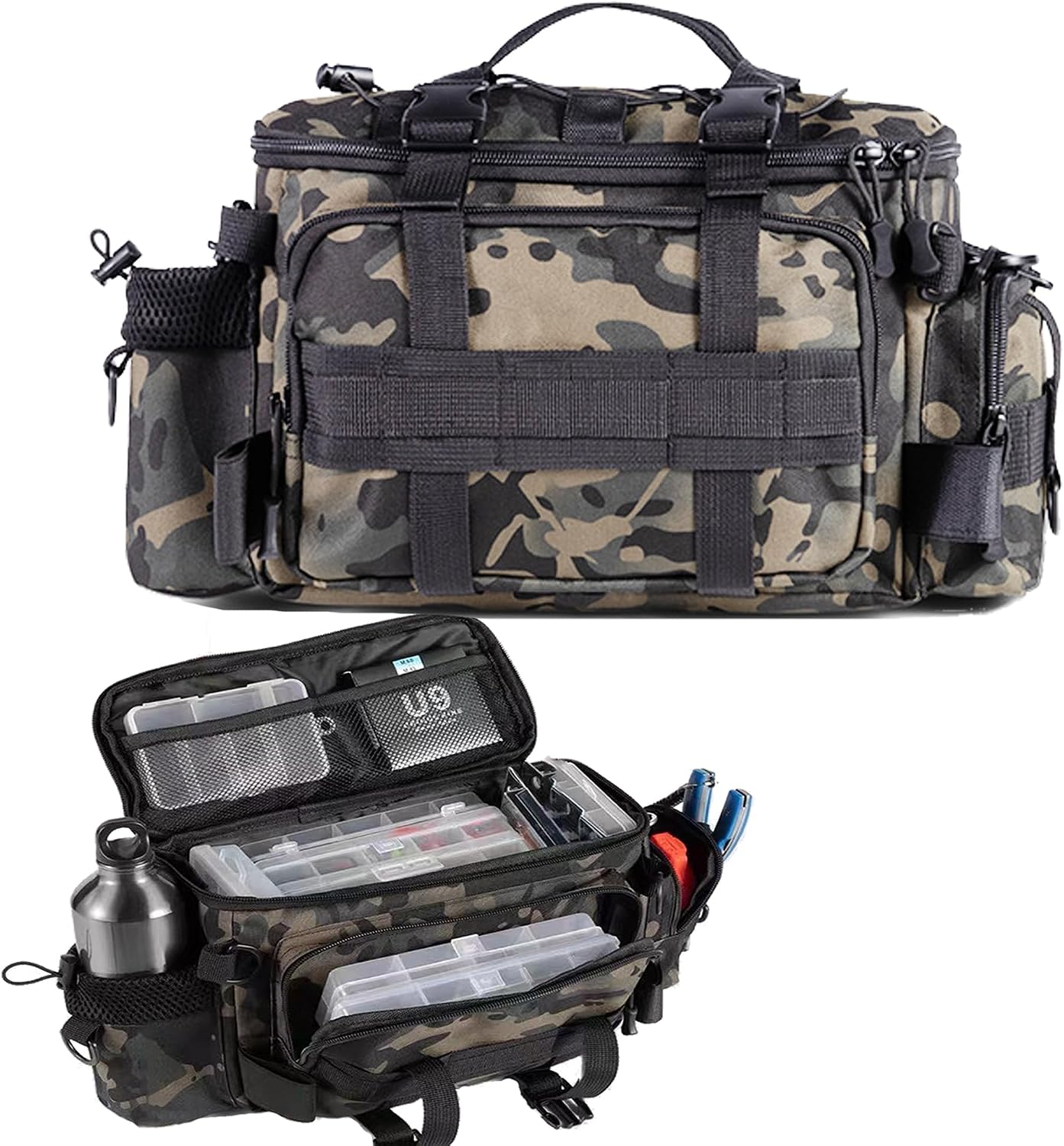 YUEMING Bolsa de Aparejos de Pesca, Multifuncional Bolsa de Pesca, Gran Capacidad Kit de Accesorios de Pesca al Aire Libre con Correas Ajustables para Equipo de Pesca al Aire Libre(Camuflaje Negro)