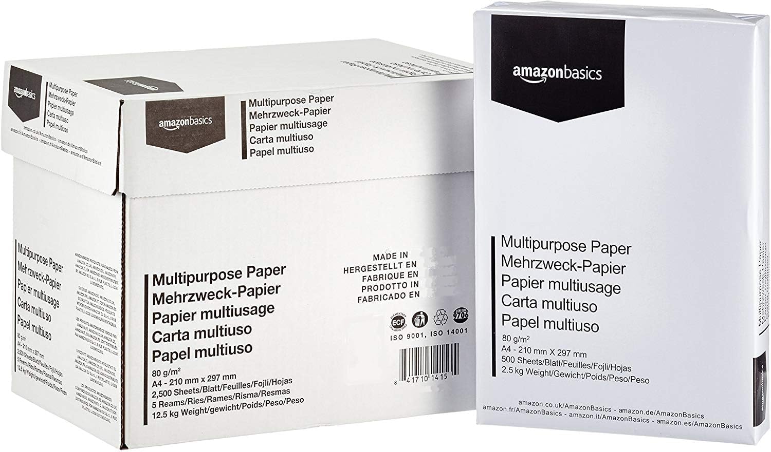 Amazon Basics Papel multiusos para impresora A4 80gsm, 2500 Unidad, 5 Paquetes de 500, Blanco