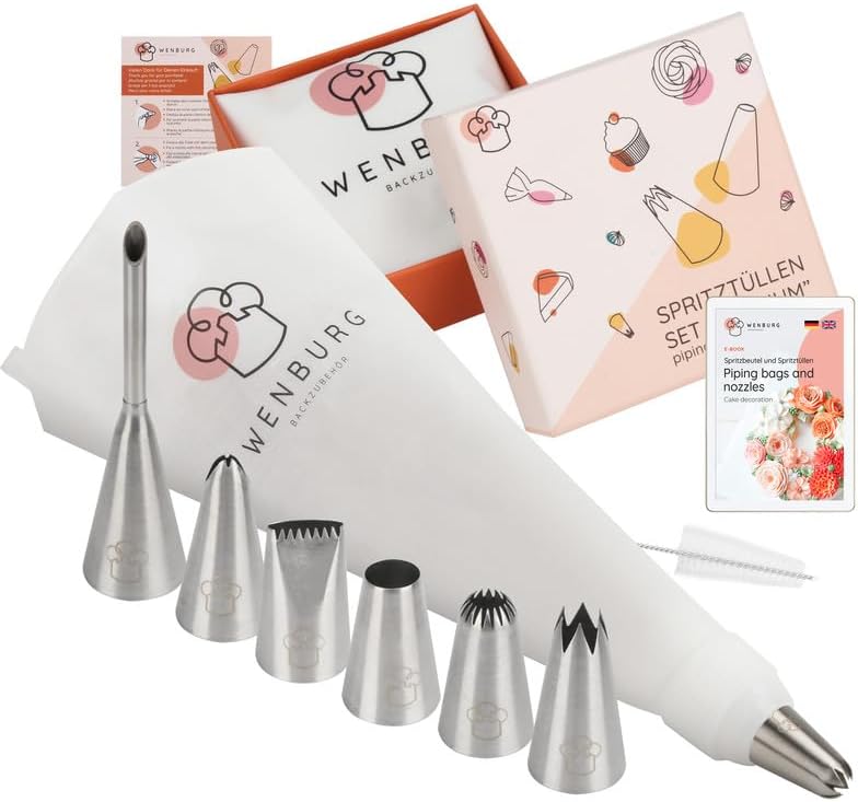 Wenburg Juego de manga pastelera Premium Plus, 7 boquillas grandes – bolsa de pulverización de algodón de 40 cm, accesorios profesionales de acero inoxidable para tartas, decoración de cupcakes