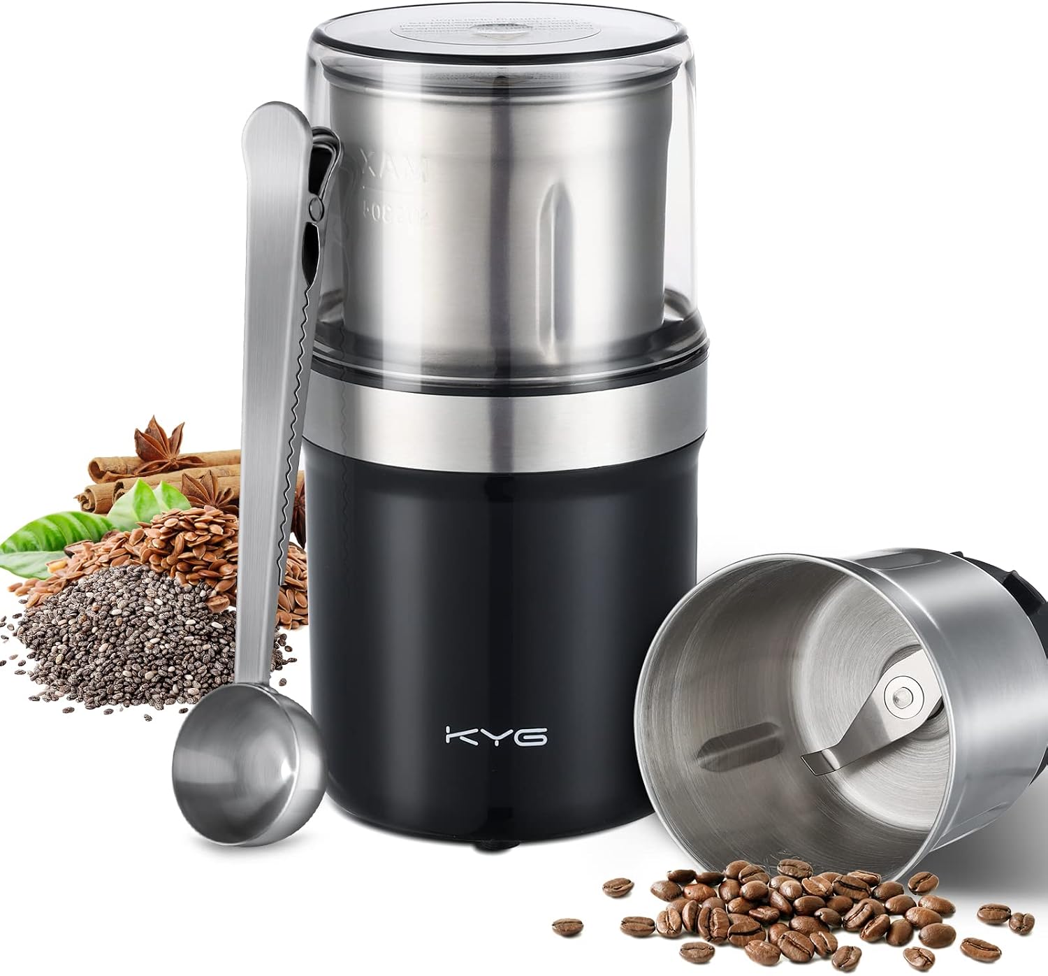 KYG Molinillo de Café Eléctrico para Granos Espresso, Frutos Secos y Granos, Potente Molinillo de Café Compacto Funcionamiento con un Solo Toque y Cuchillas de Acero Inoxidable 200w Negro