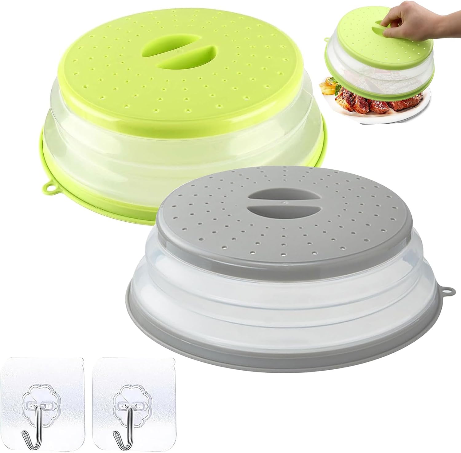 2 piezas de tapas para microondas plegables - 26,5 cm de protección contra salpicaduras con ganchos y rejilla de ventilación - Resistente al calor - Ahorro de espacio para microondas, frutas, verduras