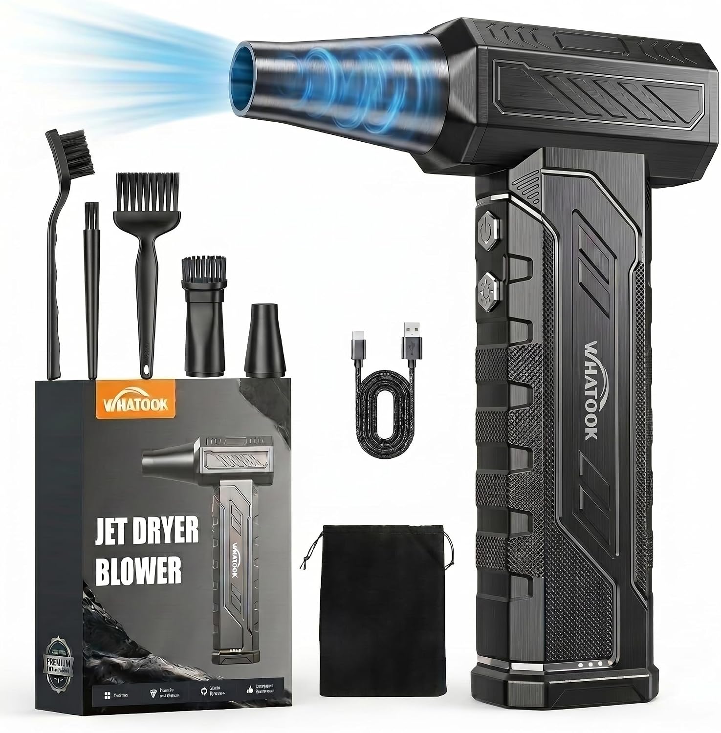 WHATOOK Soplador de Aire Polvo Eléctrico PC Luz LED, 3 Velocidades 150000RPM Mini Comprimido Limpieza Air Duster Potente Batería de 8000mAh, USB Recargable Soplador de Aire para Teclado, Coche, Sofá