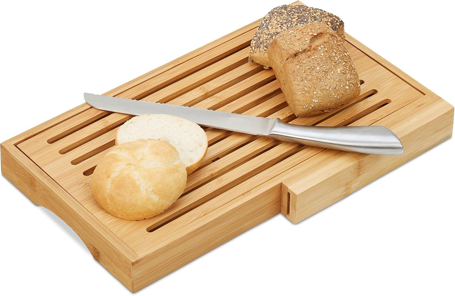 Relaxdays Tabla Cortar Pan con Recogemigas y Cuchillo, Bambú y Acero Inoxidable, Marrón, 4 x 40 x 24 cm