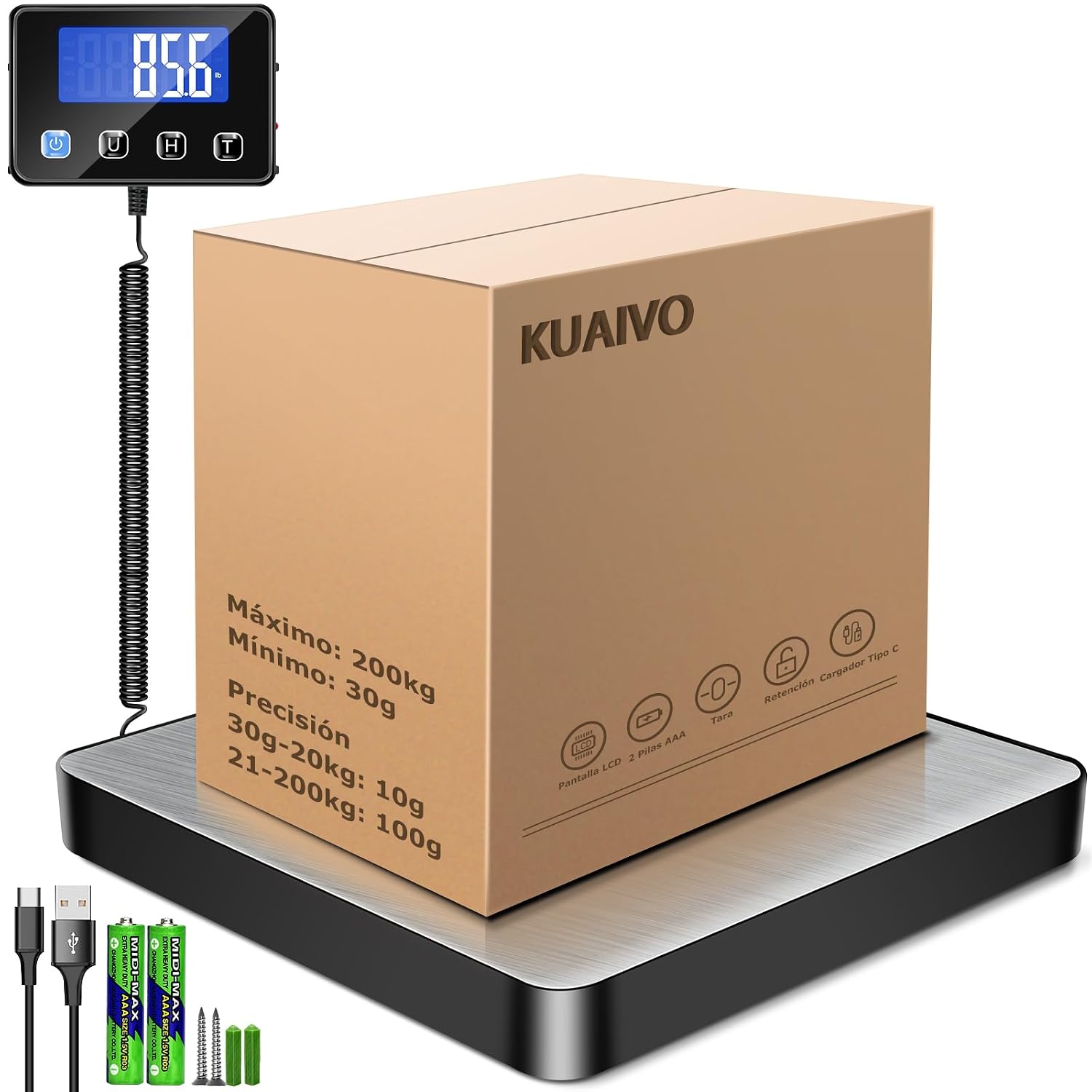 KUAIVO Bascula Industrial, Bascula Maletas Viaje de 200kg/10g con Función de Retención/Tara, Báscula con Pantalla LCD para Qaquetes, Equipaje y Almacén, Incluye 2 Baterías AAA y Cable de Carga