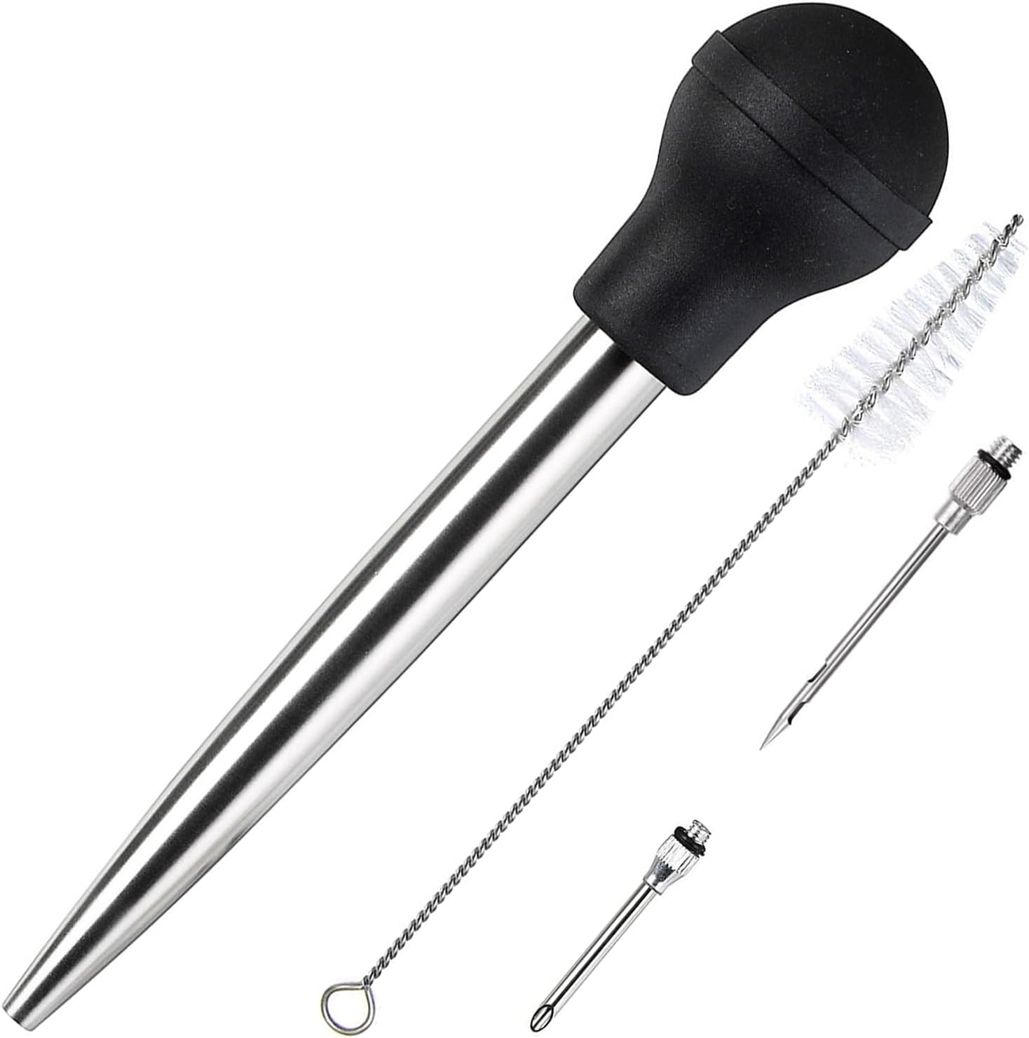 Best Utensils Stainless Steel Turkey Baster Commerical Grade Quality FDA Rubber Bulb Including Marinade Injector Needle and Brush For Easy Clean Up