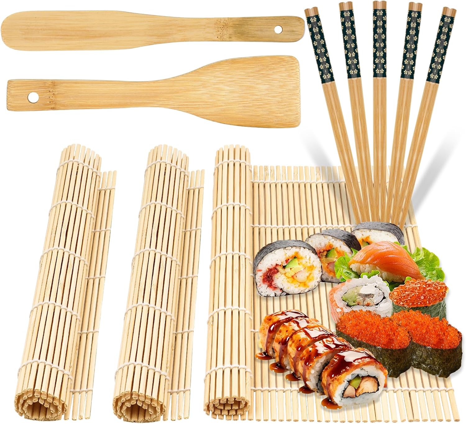 Kit de sushi DIY, 10 piezas, accesorios de sushi reutilizables, que incluye 3 esteras de bambú, 5 pares de palillos, un cuchillo y una cuchara para arroz, para principiantes y profesionales.