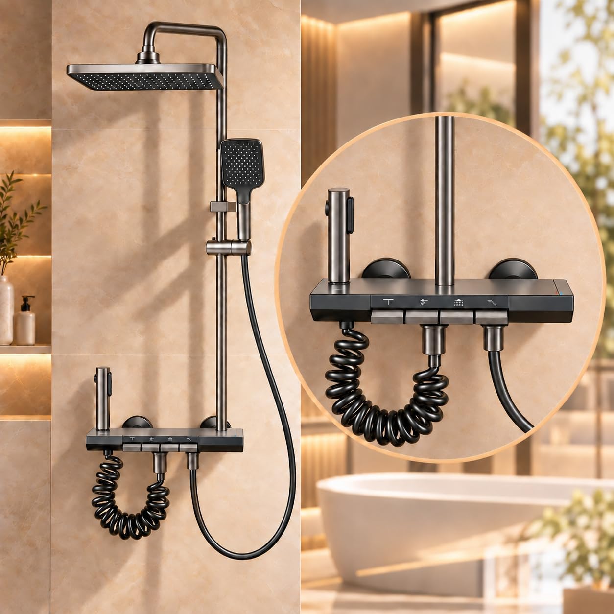 INEX Europa INX 1551 BS Columna de Baño y Ducha, 4 Funciones, Rociador Cuadrado, Ducha de Mano, Ducha Higiénica y Cascada para Bañera, Altura Ajustable, Negro Gris Titanio, 10 Años de Garantía