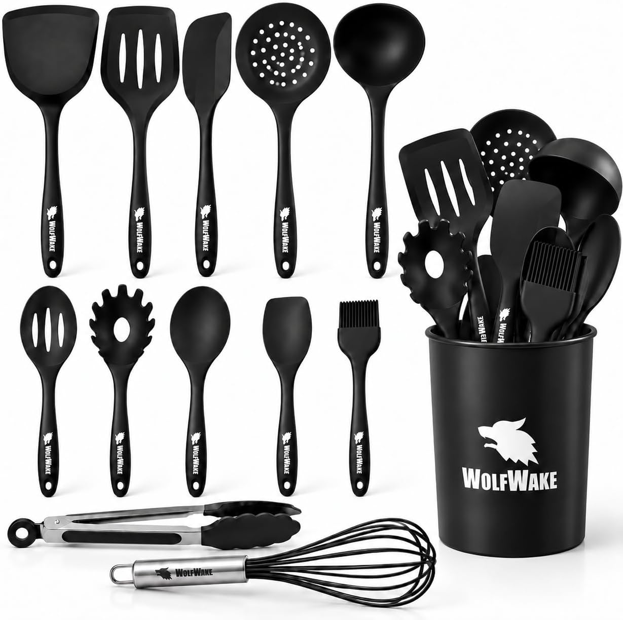 13 Piezas Utensilios de Cocina de Silicona - Menaje de Cocina, Paletas de Cocina, Cucharones de Cocina, Pinzas de Cocina, Bote Utensilios Cocina, Resistentes al Calor y Antiadherente (Negro)