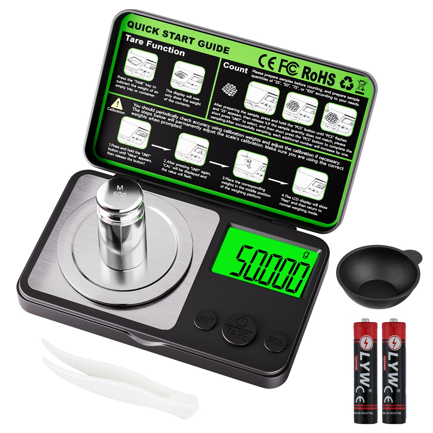 Wigearss Báscula Digital de Alta Precisión 50g/0.001g, Balanza de Miligramos con Pantalla LCD Retroiluminada y Peso de Calibración Incluido, Báscula Digital para Joyería, Oro, Polvos - Negro